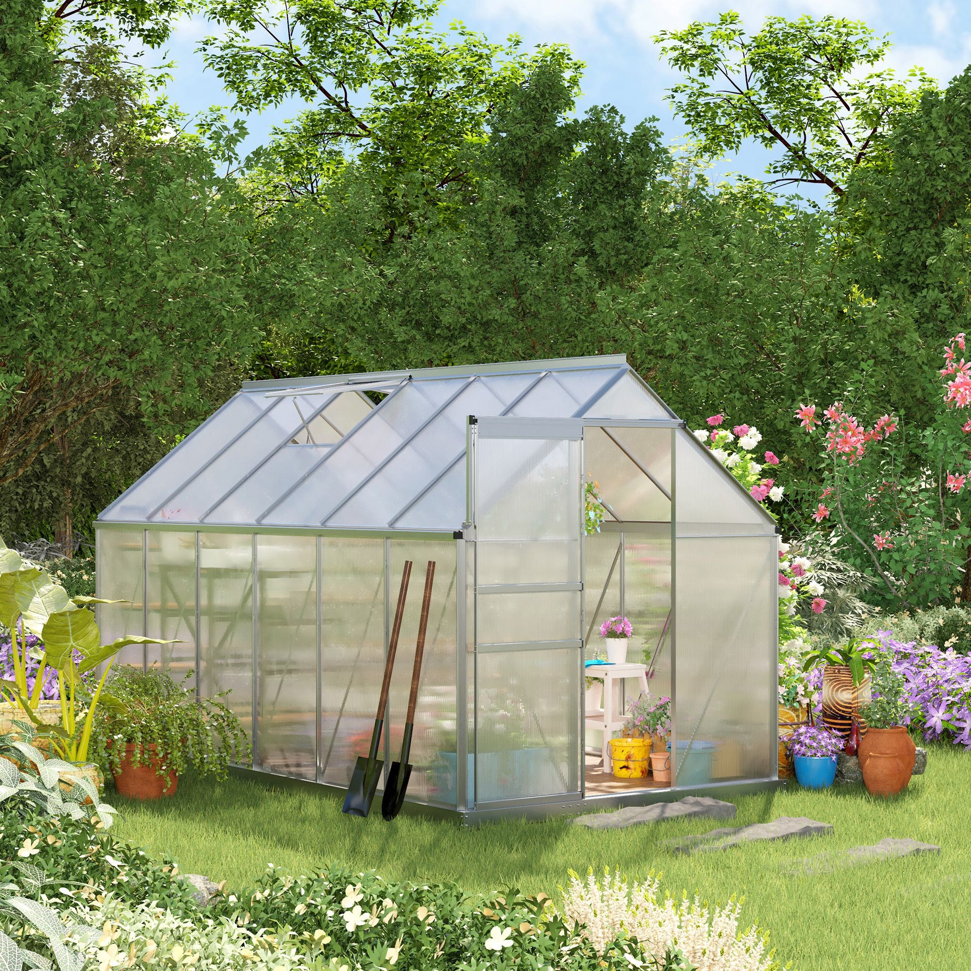 Outsunny 6' x 12' x 6.5' Polycarbonate Greenhouse, Walk-in Green House with Adjustable Roof Vent, Galvanized Base, Sliding Door and Rain Gutter for Outdoor, Garden, Backyard, Clear