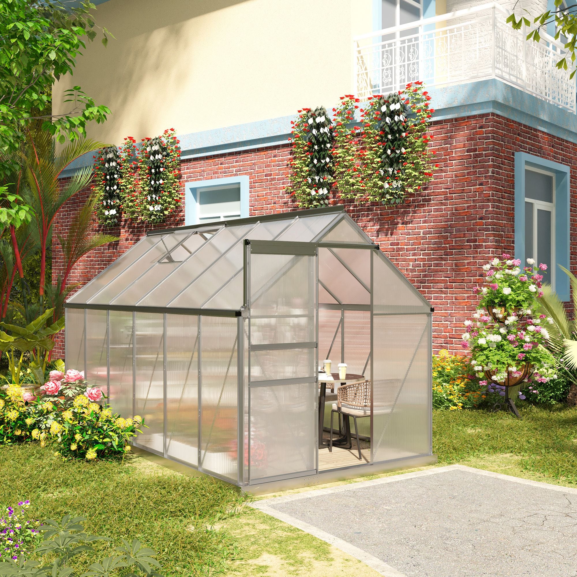 Outsunny 6' x 12' x 6.5' Polycarbonate Greenhouse, Walk-in Green House with Adjustable Roof Vent, Galvanized Base, Sliding Door and Rain Gutter for Outdoor, Garden, Backyard, Clear