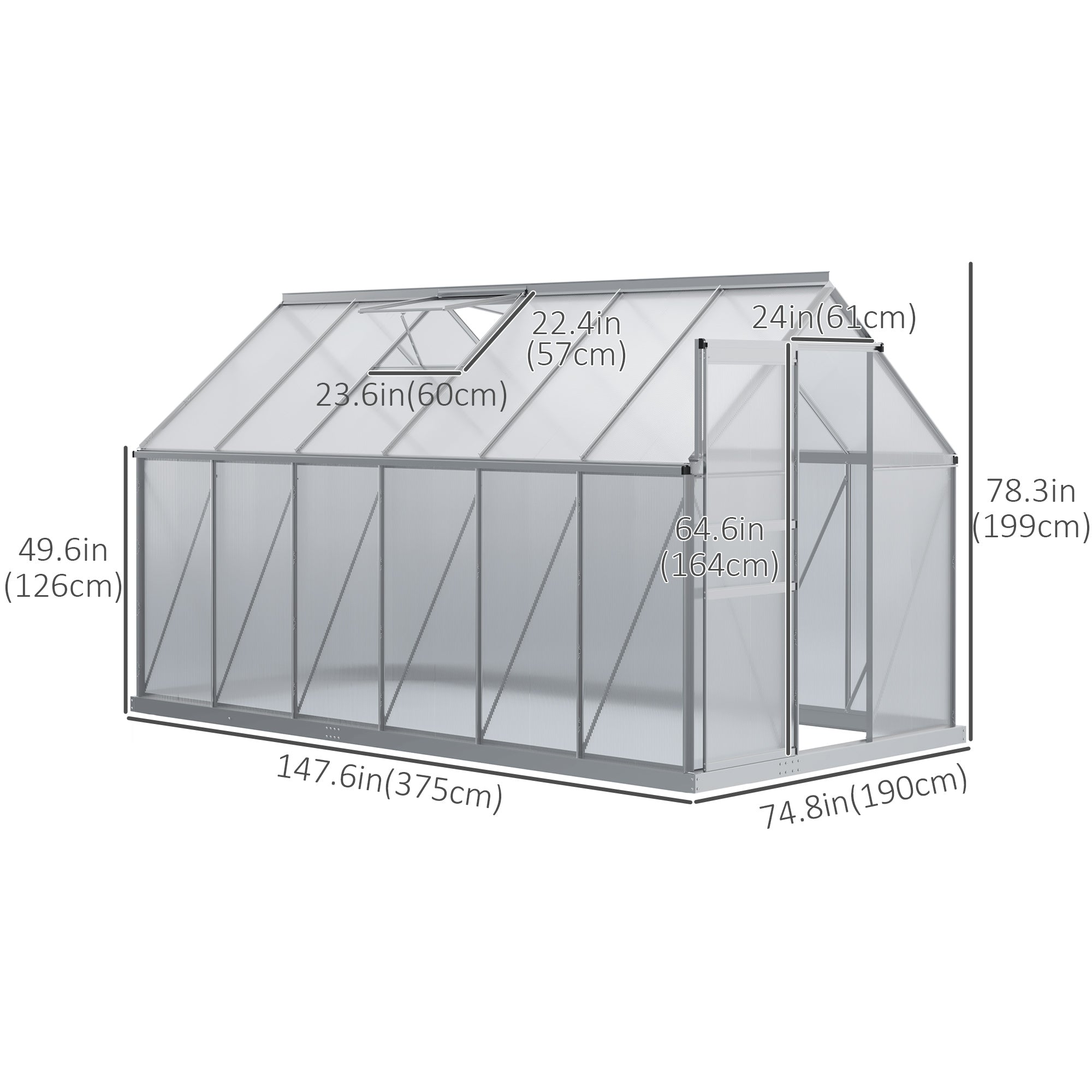 Outsunny 6' x 12' x 6.5' Polycarbonate Greenhouse, Walk-in Green House with Adjustable Roof Vent, Galvanized Base, Sliding Door and Rain Gutter for Outdoor, Garden, Backyard, Clear