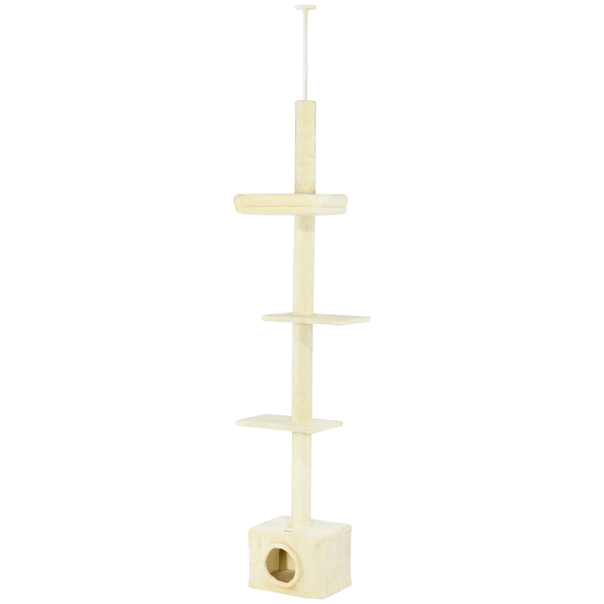 PawHut Floor to Ceiling Cat Tree with Scratching Post for Indoor Cats, Adjustable Height Cat Tower (91-102 Inches) with House, Bed, Beige