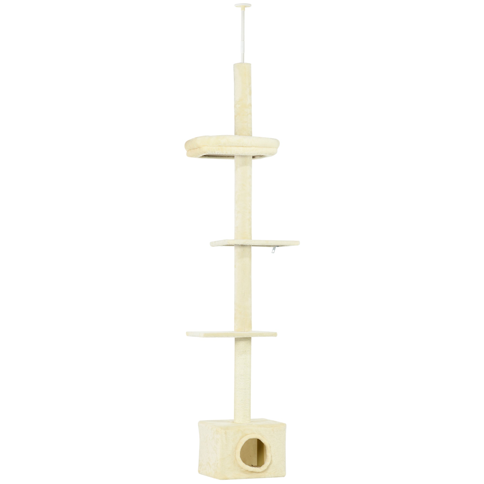 PawHut Floor to Ceiling Cat Tree with Scratching Post for Indoor Cats, Adjustable Height Cat Tower (91-102 Inches) with House, Bed, Beige