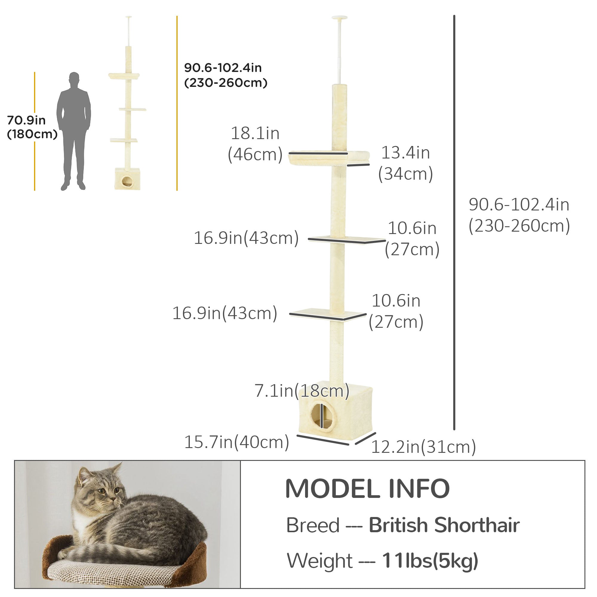 PawHut Floor to Ceiling Cat Tree with Scratching Post for Indoor Cats, Adjustable Height Cat Tower (91-102 Inches) with House, Bed, Beige