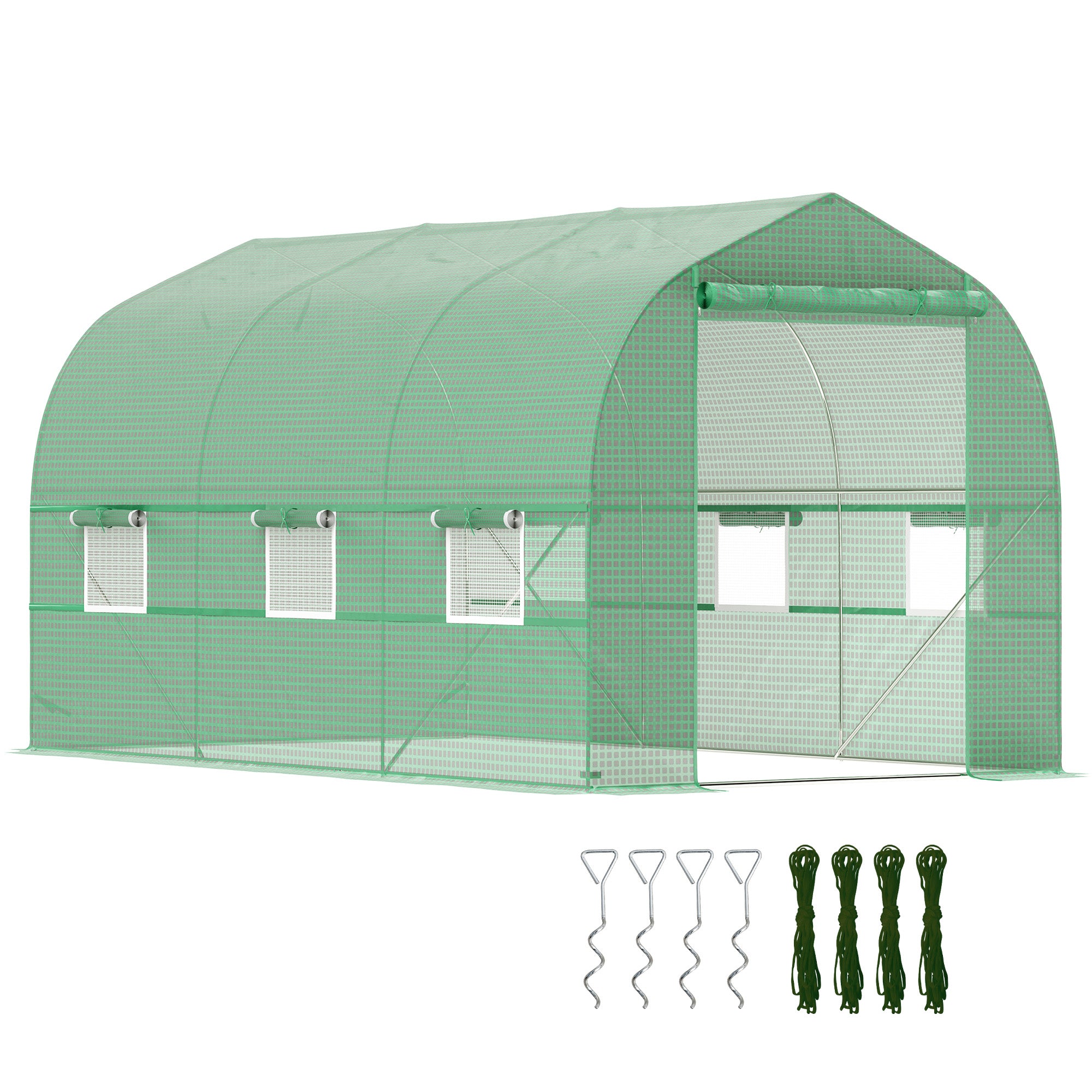 Outsunny 6.6' x 11' x 7' Walk-in Greenhouse Outdoor Plant Tunnel Warm Hot House w/ Roll Up Door and 6 Mesh Windows, Steel Frame, Green