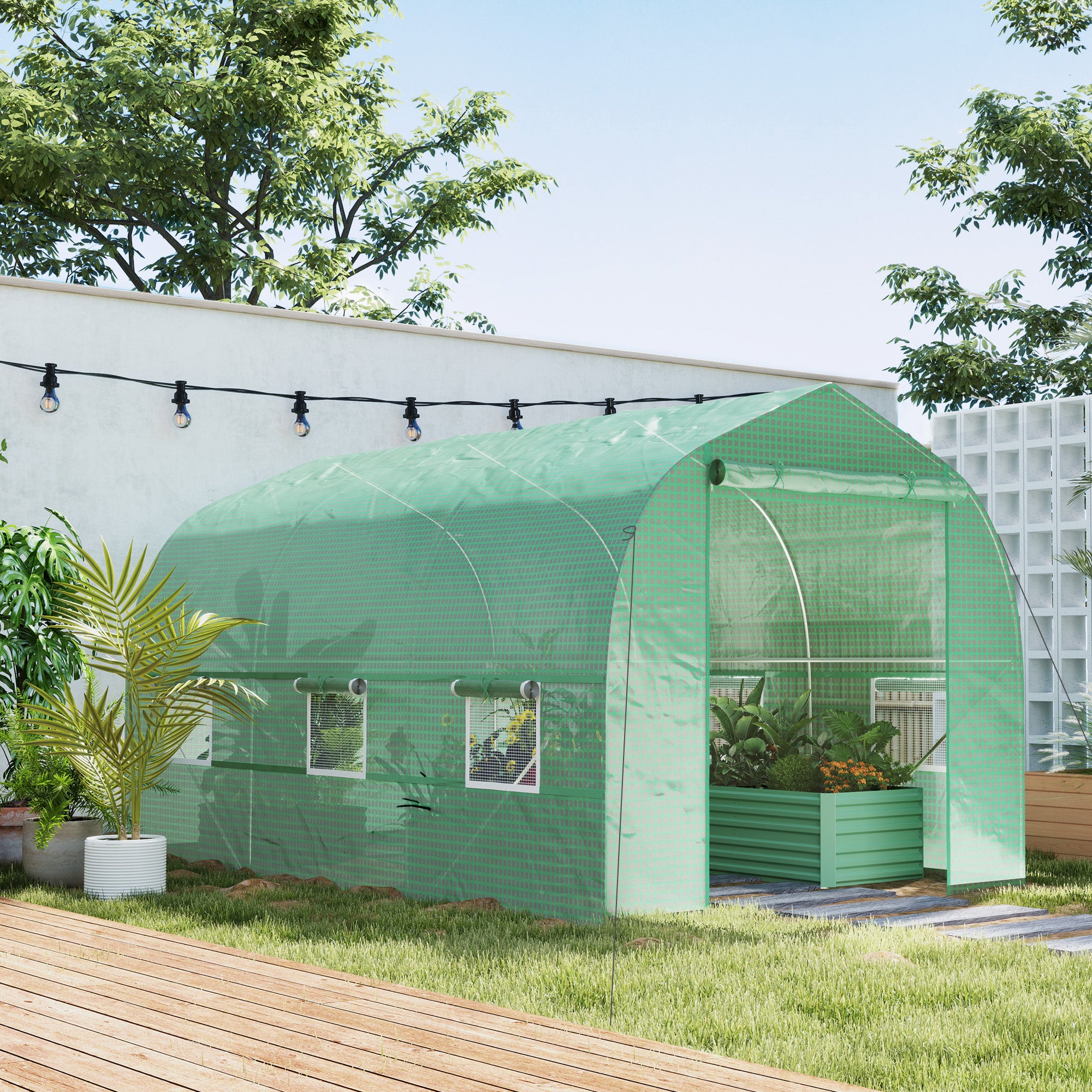 Outsunny 6.6' x 11' x 7' Walk-in Greenhouse Outdoor Plant Tunnel Warm Hot House w/ Roll Up Door and 6 Mesh Windows, Steel Frame, Green