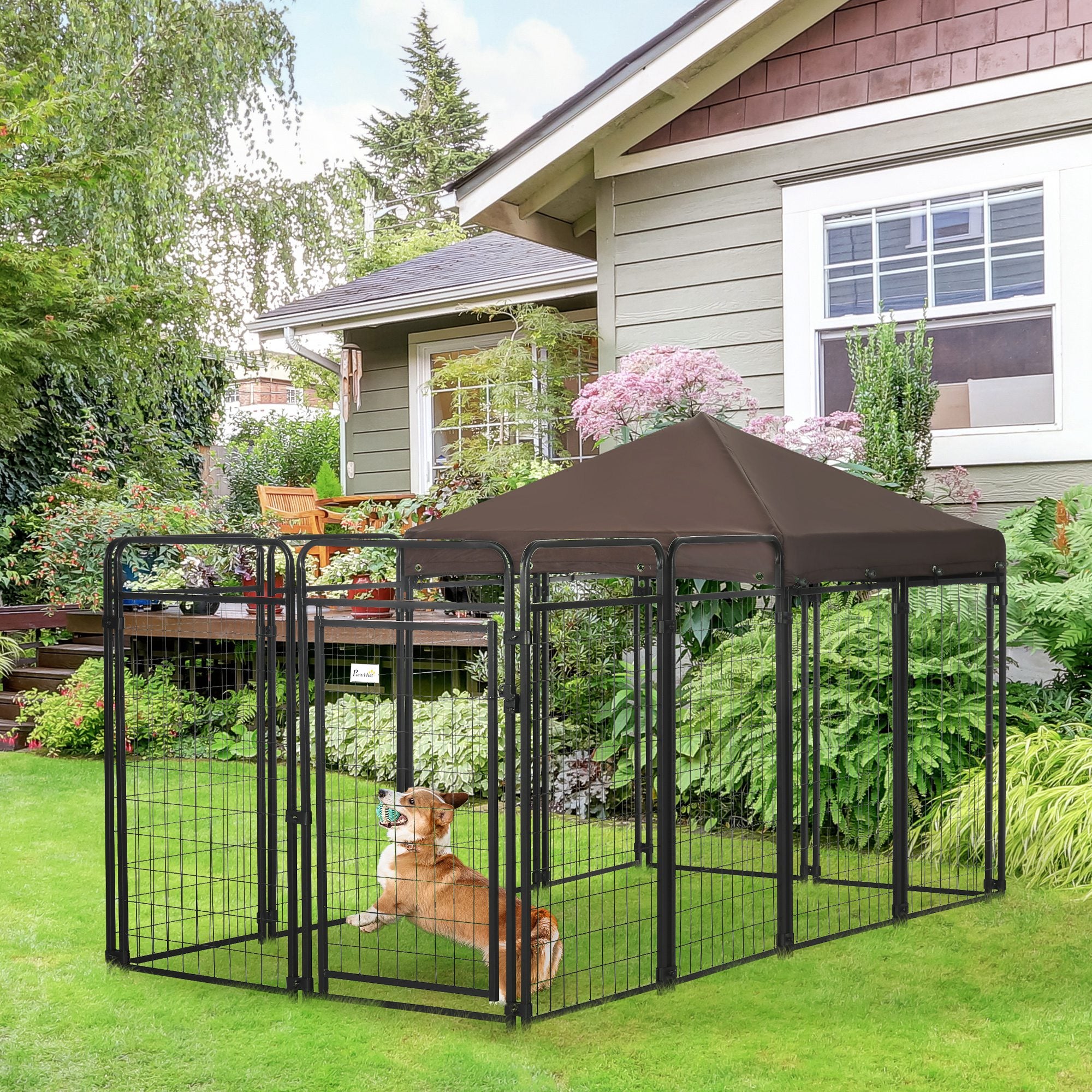 PawHut Dog Kennel Outdoor with Waterproof Canopy, Dog Run with Galvanized Chain Link, Secure Lock, for Backyard and Patio, Large and Medium Sized Dogs, Black