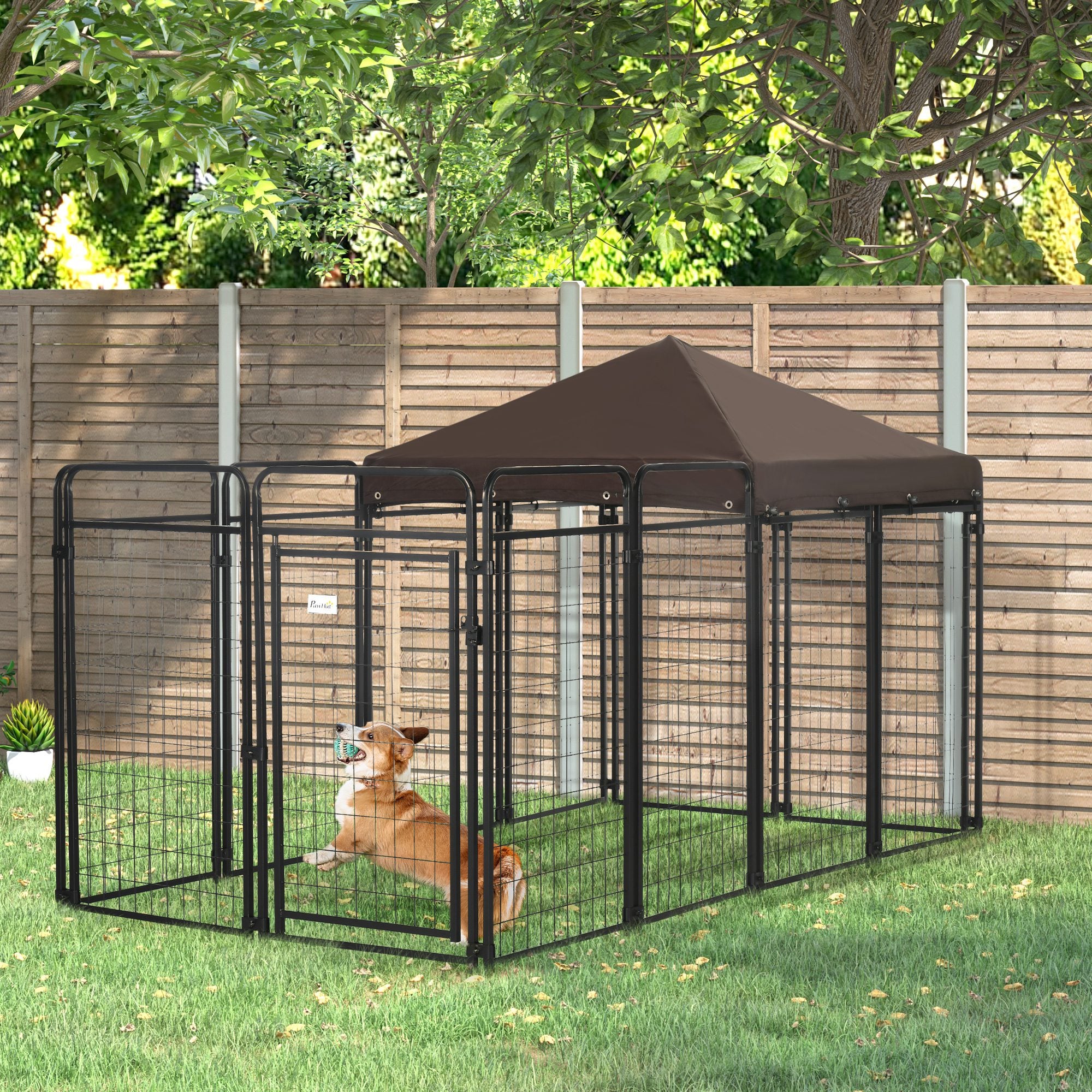 PawHut Dog Kennel Outdoor with Waterproof Canopy, Dog Run with Galvanized Chain Link, Secure Lock, for Backyard and Patio, Large and Medium Sized Dogs, Black