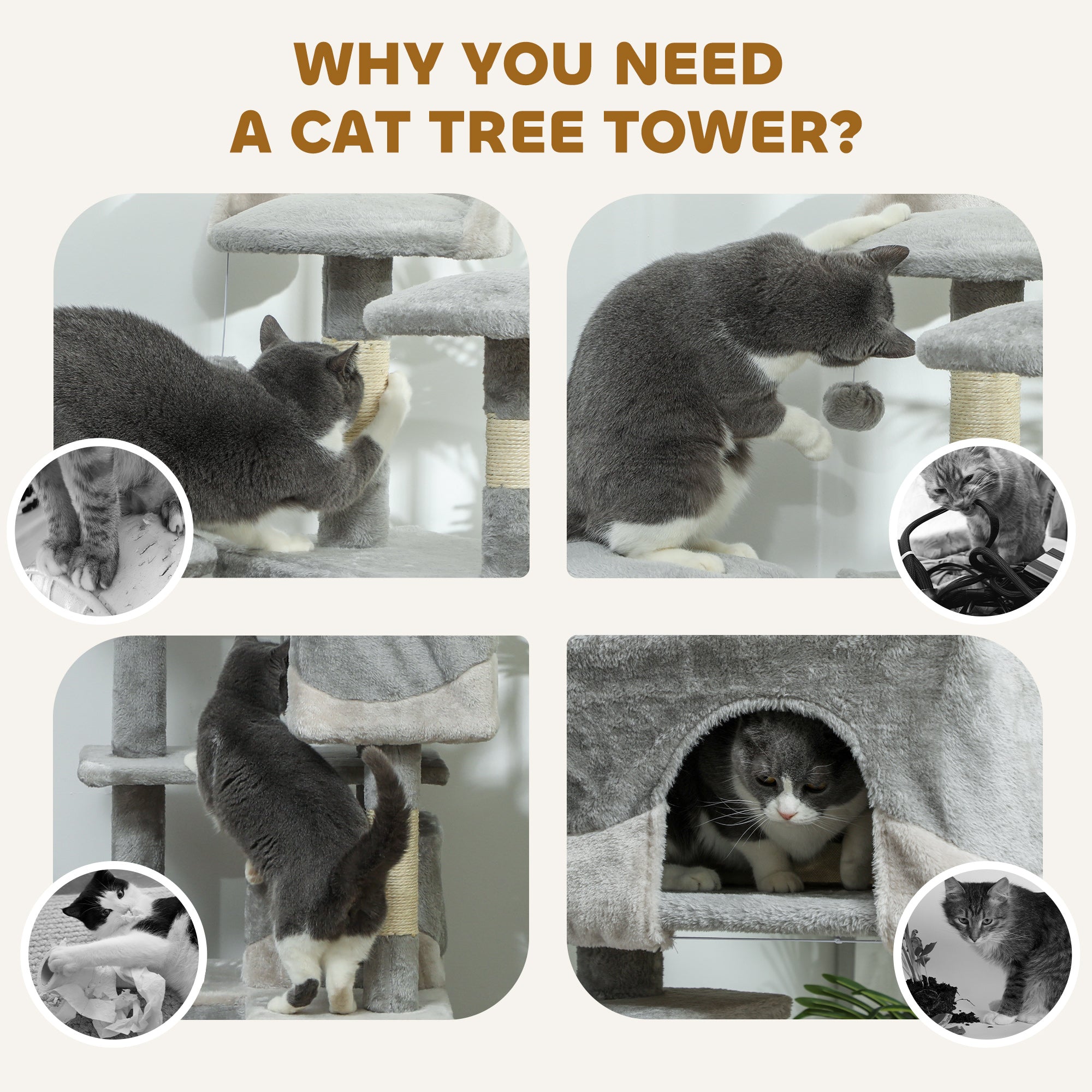 PawHut 53" Cat Tree Tower, Large Cat Condo Furniture Multi-Level Activity Center with Scratching Posts, Perches, Ramp, Dangling Balls - Grey