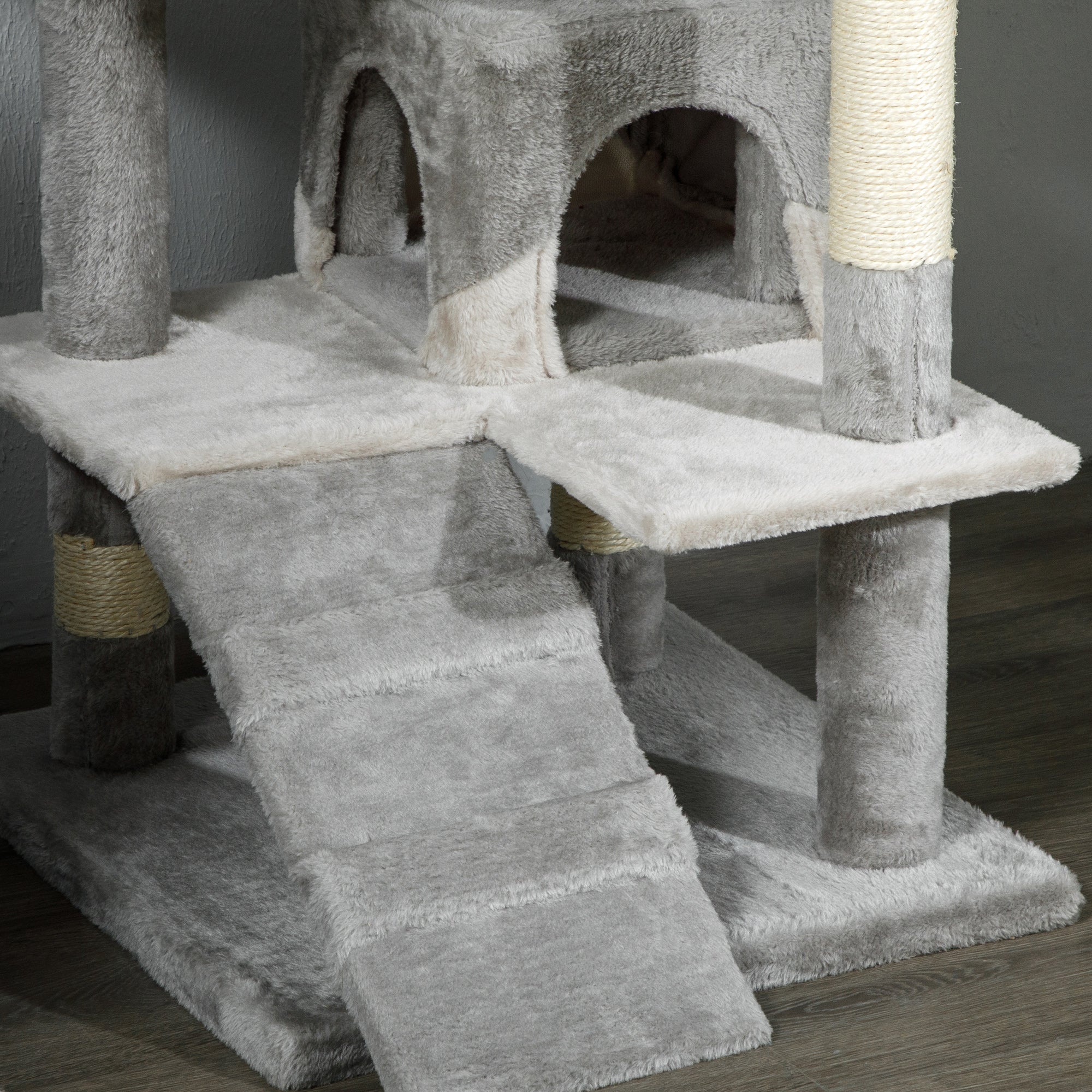 PawHut 53" Cat Tree Tower, Large Cat Condo Furniture Multi-Level Activity Center with Scratching Posts, Perches, Ramp, Dangling Balls - Grey