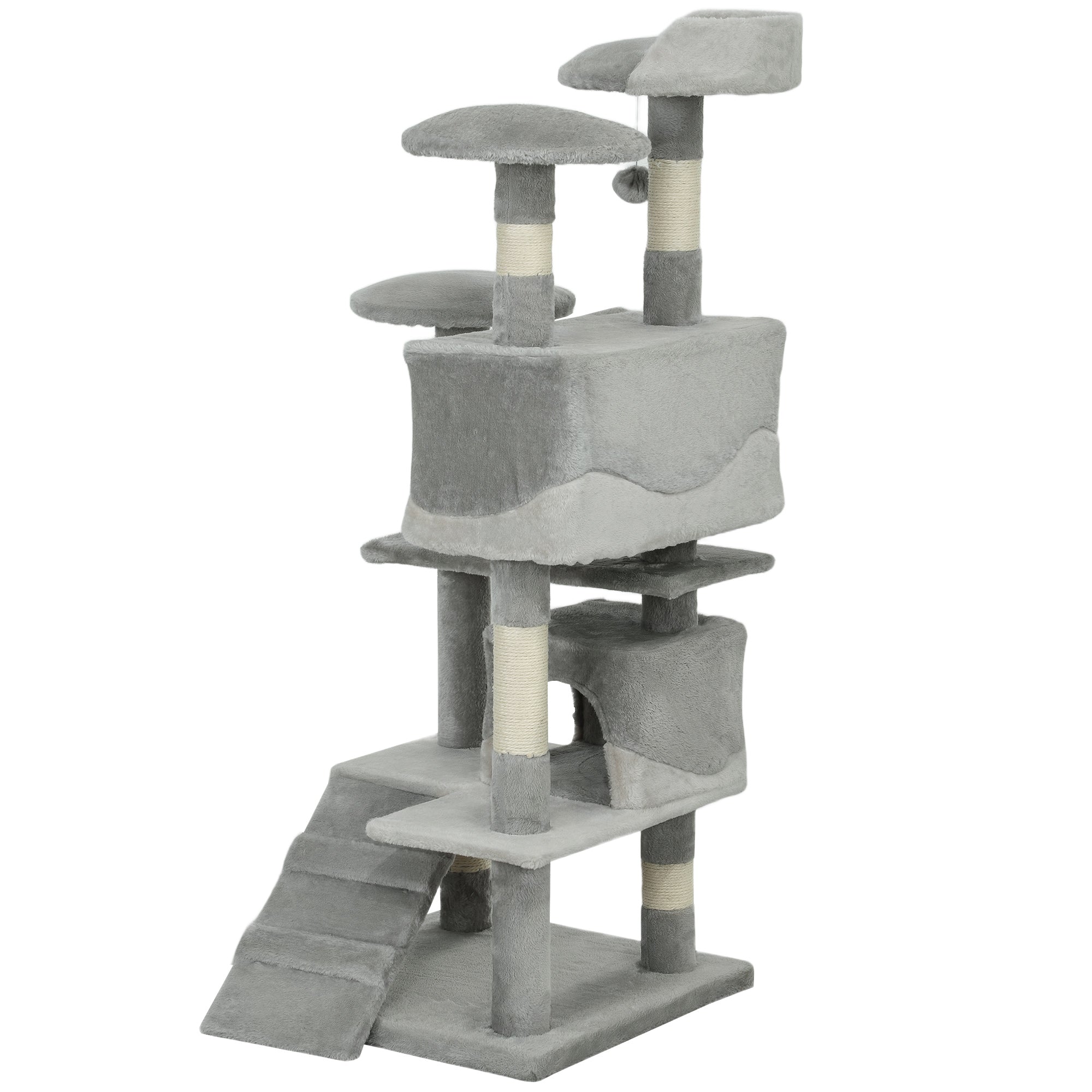 PawHut 53" Cat Tree Tower, Large Cat Condo Furniture Multi-Level Activity Center with Scratching Posts, Perches, Ramp, Dangling Balls - Grey