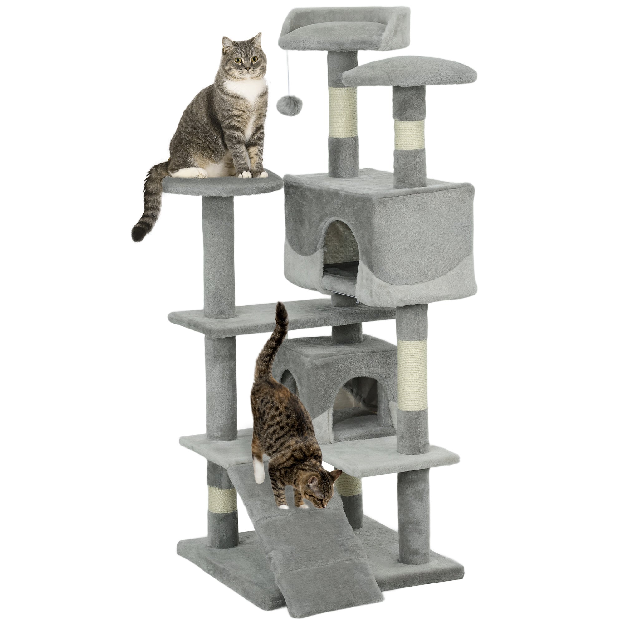 PawHut 53" Cat Tree Tower, Large Cat Condo Furniture Multi-Level Activity Center with Scratching Posts, Perches, Ramp, Dangling Balls - Grey