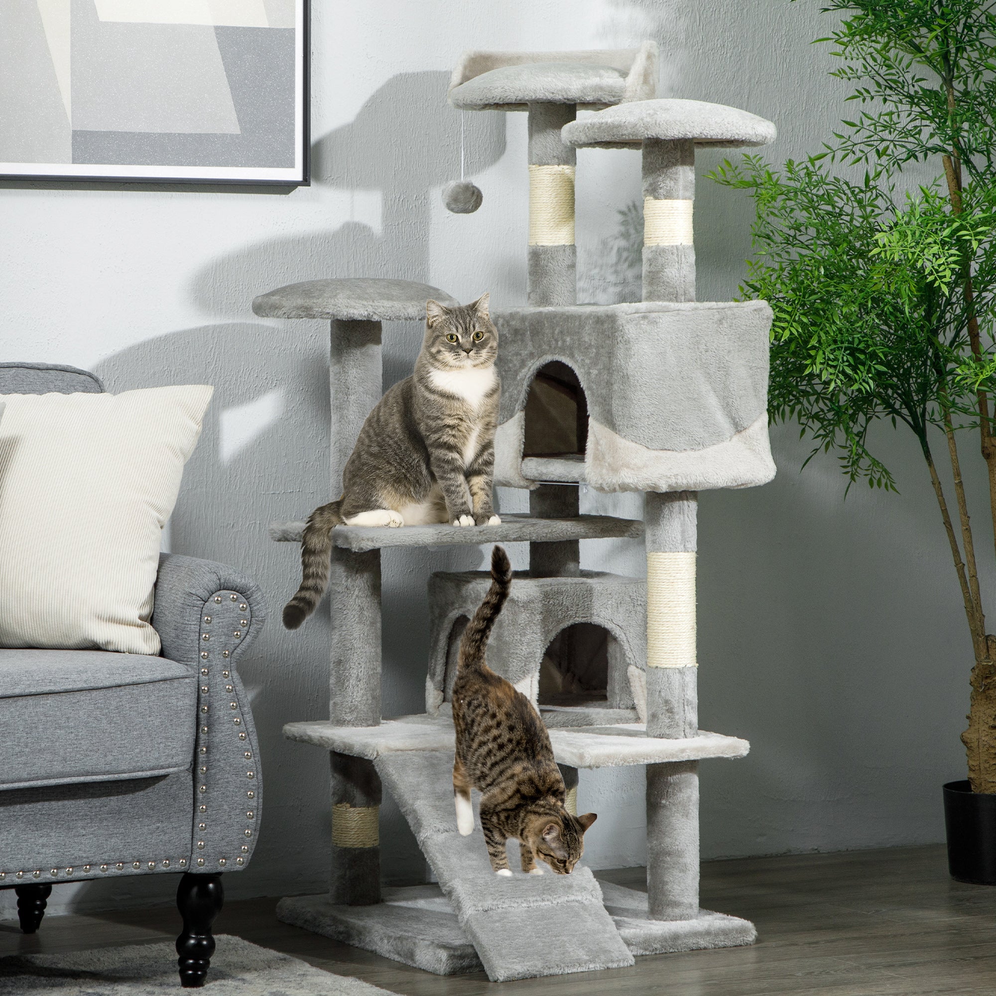 PawHut 53" Cat Tree Tower, Large Cat Condo Furniture Multi-Level Activity Center with Scratching Posts, Perches, Ramp, Dangling Balls - Grey