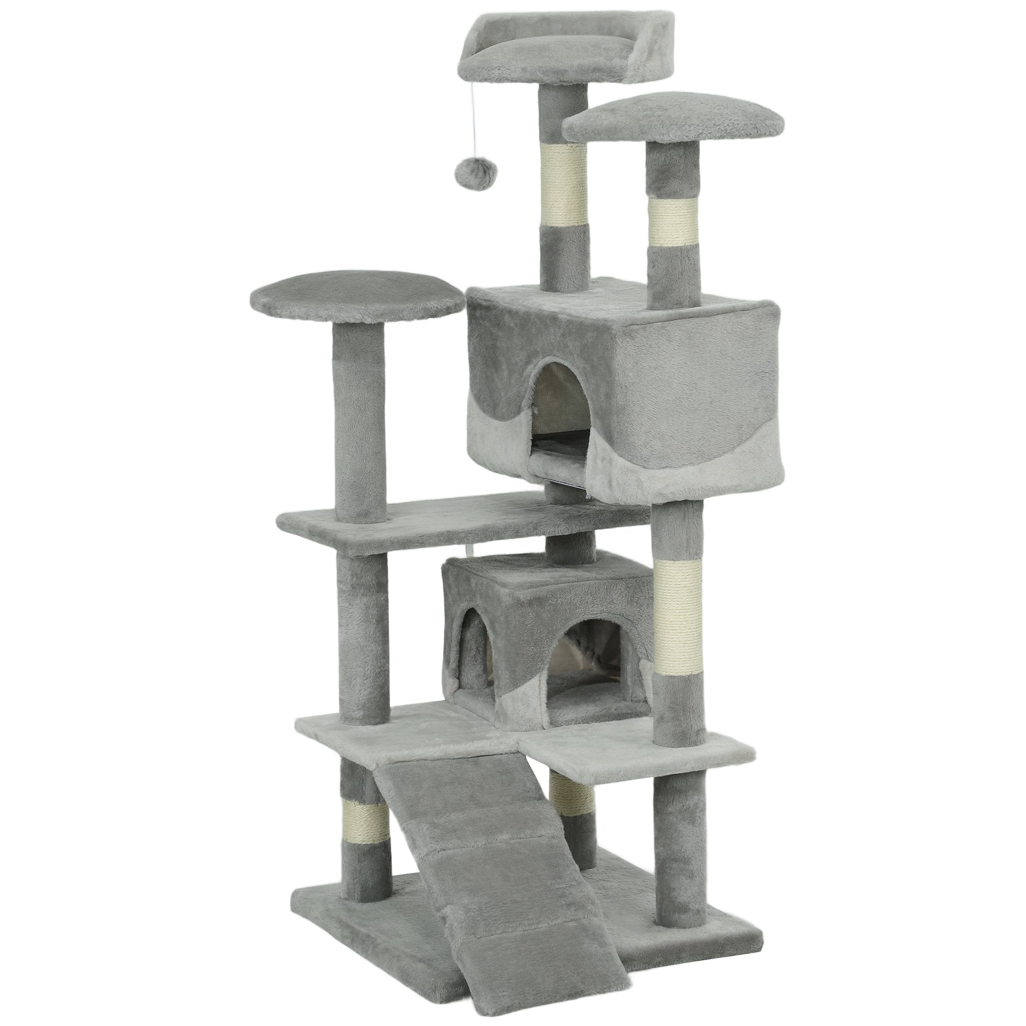 PawHut 53" Cat Tree Tower, Large Cat Condo Furniture Multi-Level Activity Center with Scratching Posts, Perches, Ramp, Dangling Balls - Grey