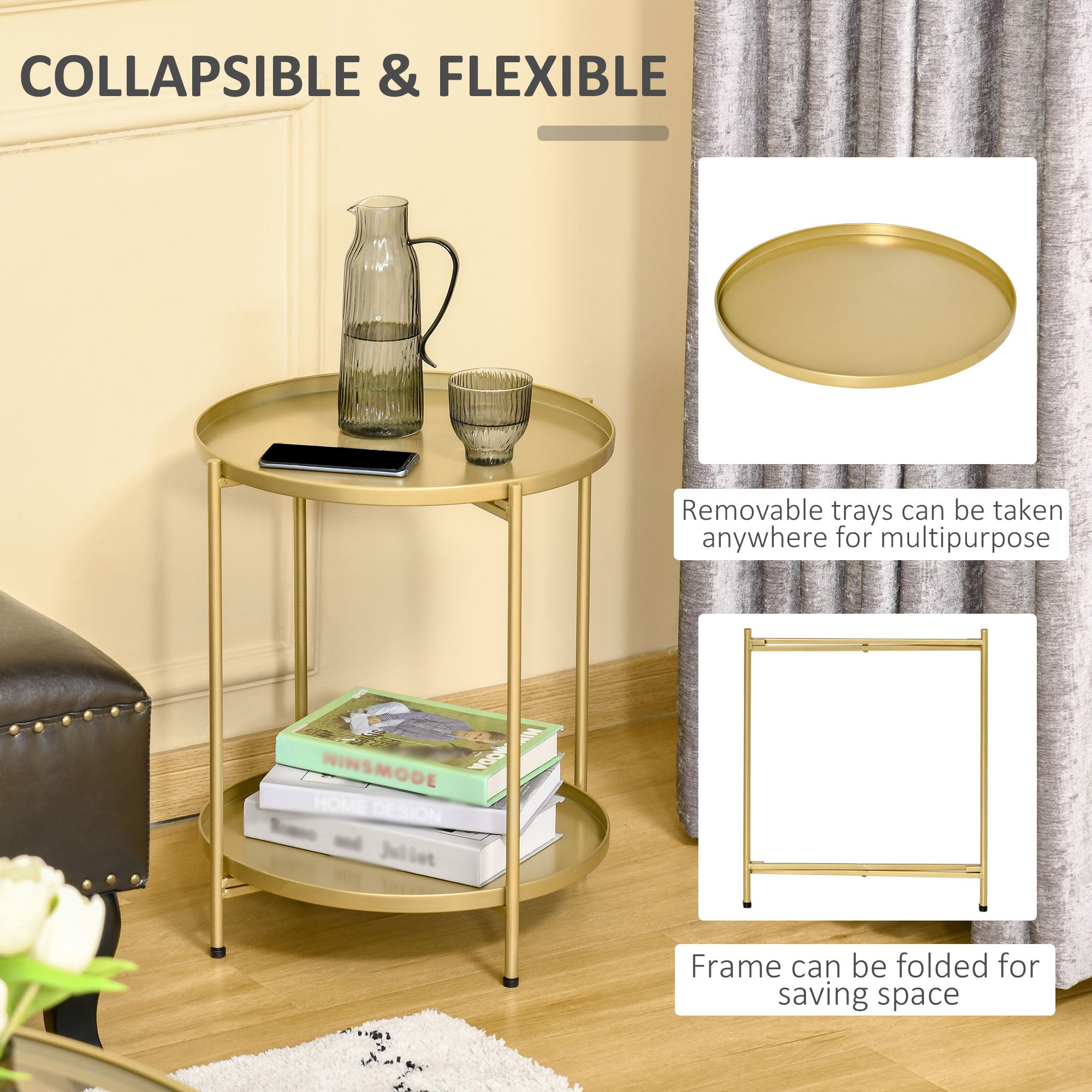 HOMCOM 2-Tier Gold End Table, Sofa Side Table for Small Spaces, Accent Table with Removable Trays and Metal Frame for Living Room Bedroom