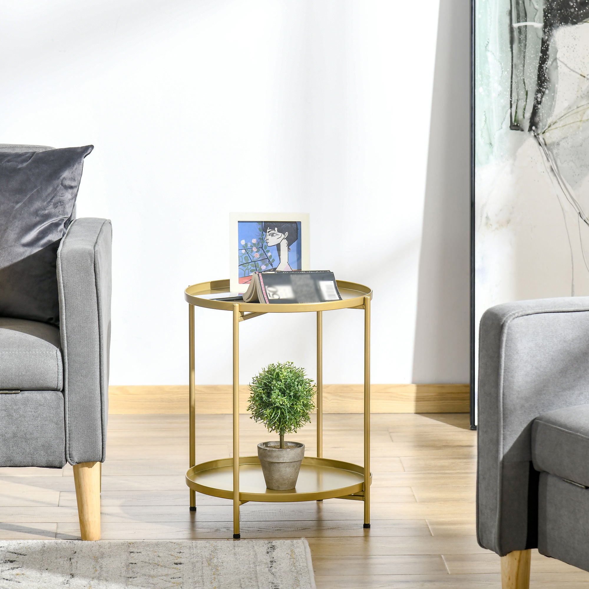 HOMCOM 2-Tier Gold End Table, Sofa Side Table for Small Spaces, Accent Table with Removable Trays and Metal Frame for Living Room Bedroom