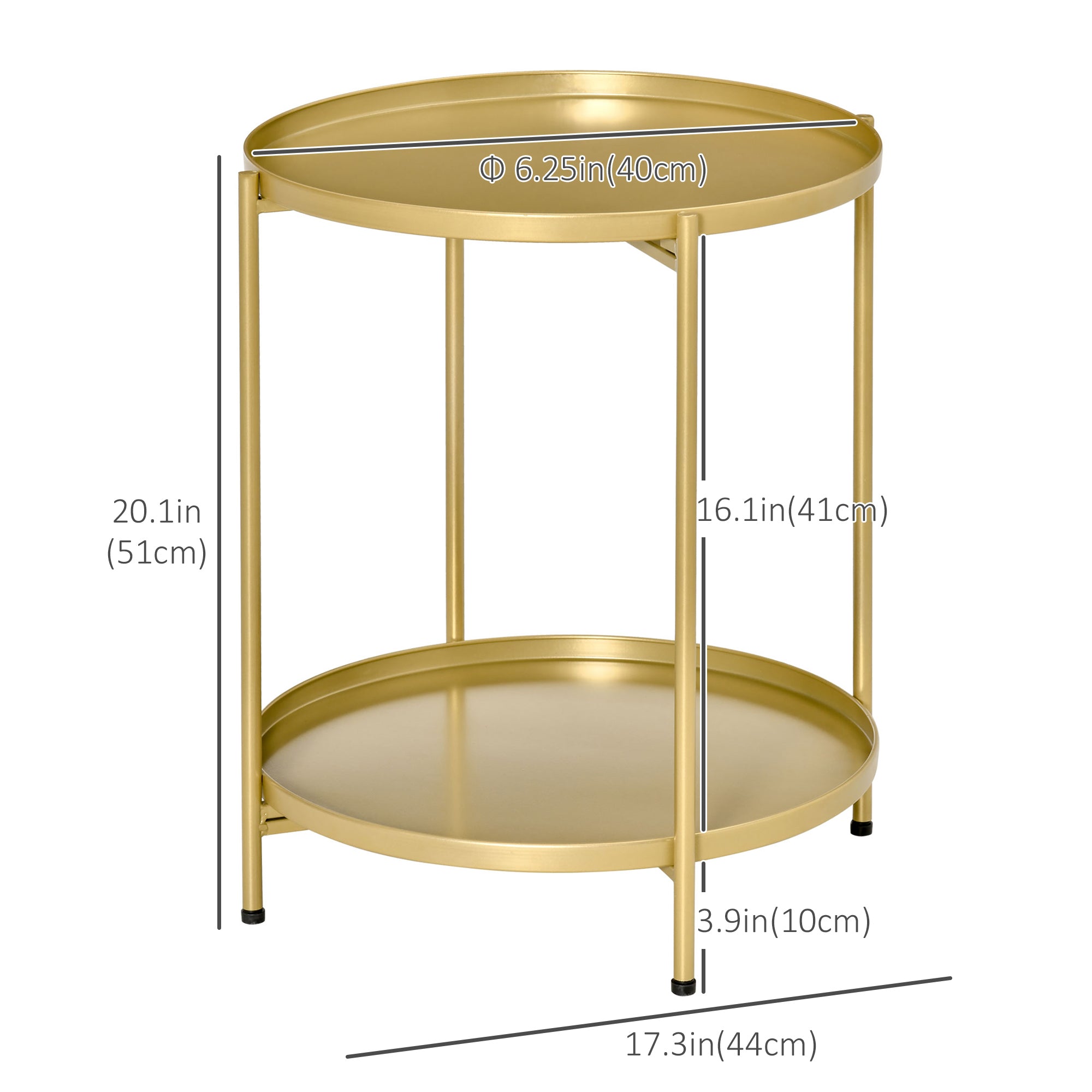 HOMCOM 2-Tier Gold End Table, Sofa Side Table for Small Spaces, Accent Table with Removable Trays and Metal Frame for Living Room Bedroom
