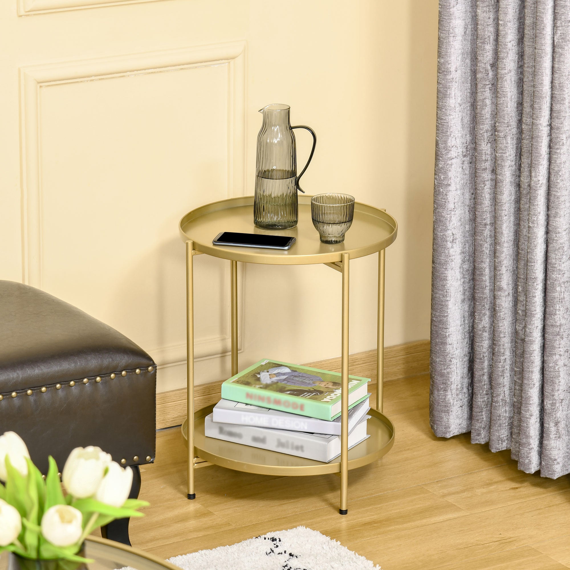 HOMCOM 2-Tier Gold End Table, Sofa Side Table for Small Spaces, Accent Table with Removable Trays and Metal Frame for Living Room Bedroom