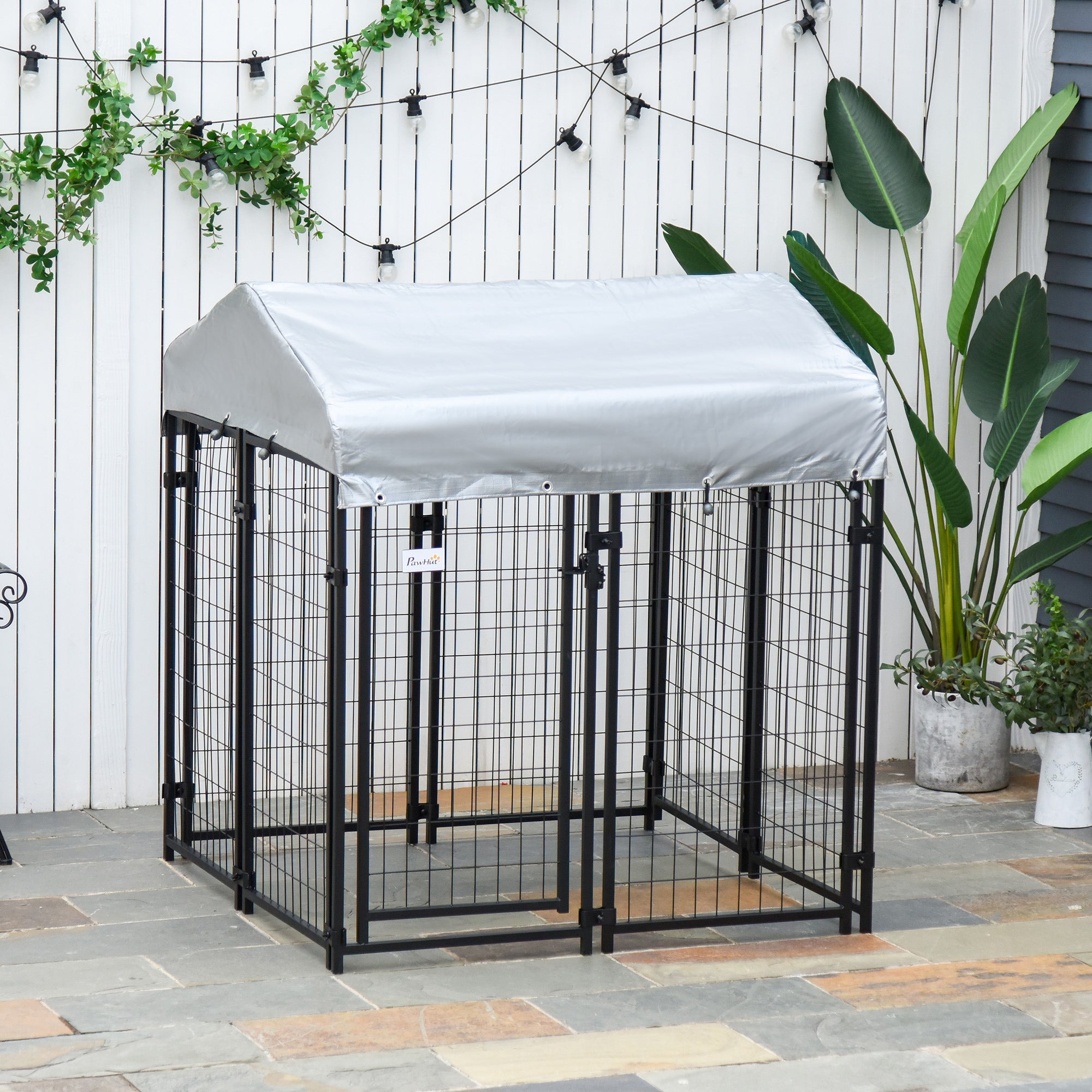 PawHut Outdoor Dog Kennel, Metal Playpen Fence Dog Run with UV-Resistant Canopy and Locks, for Small and Medium Dogs, 120 x 120 x 138cm
