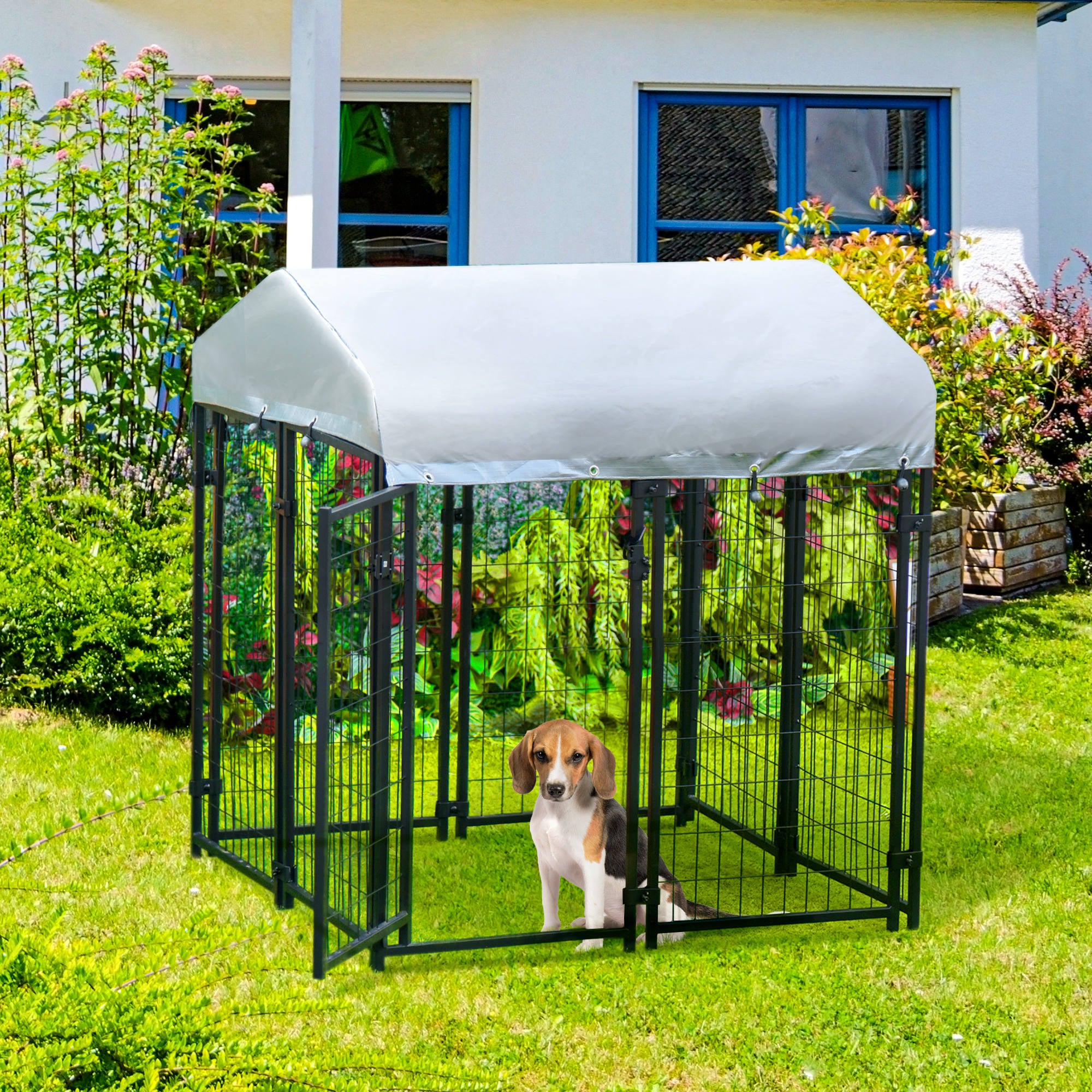 PawHut 4' x 4' x 4.5' Large Outdoor Dog Kennel Run Steel Fence with UV-Resistant Oxford Cloth Roof & Secure Lock