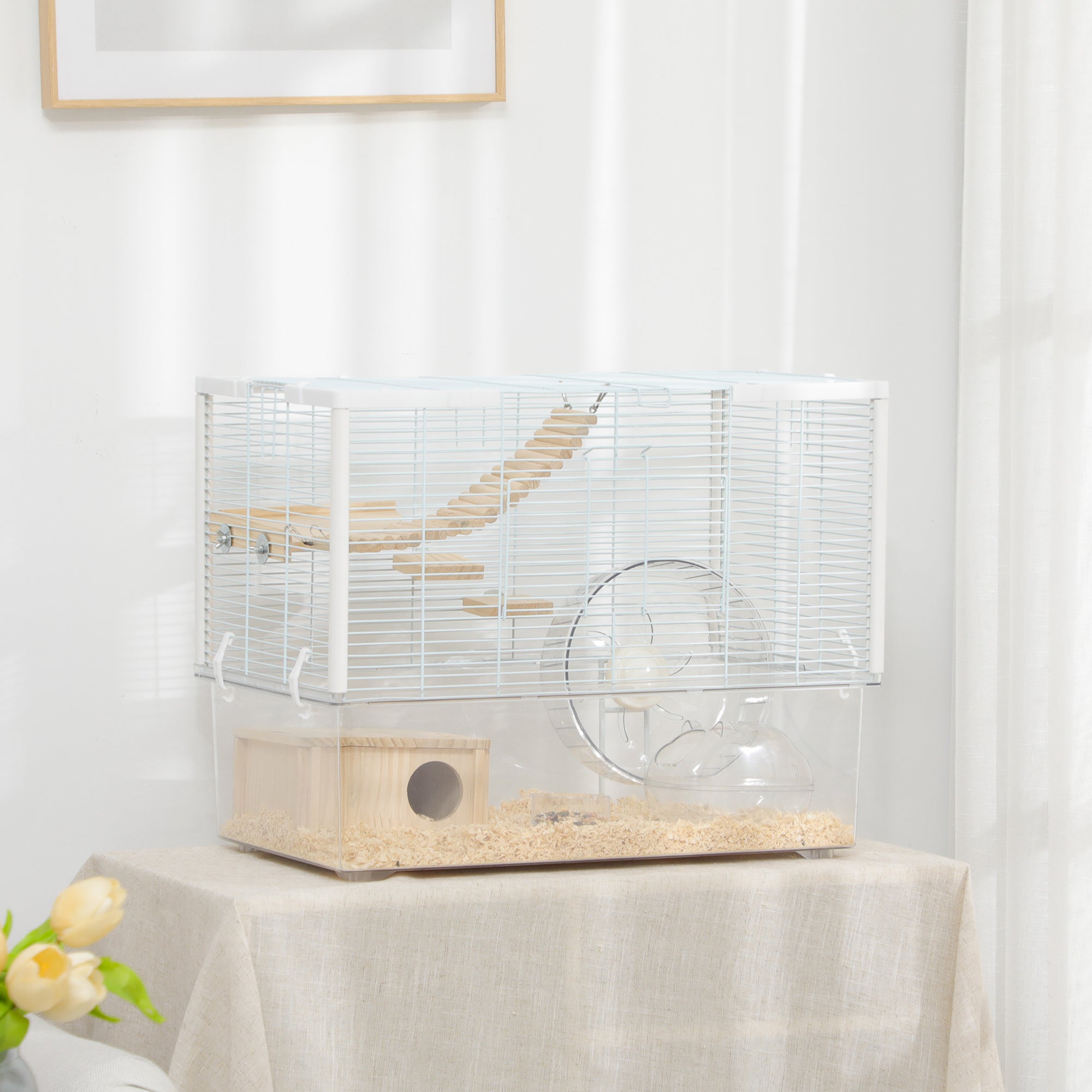 PawHut Hamster Cage, Transparent Small Animal House with Deep Bottom, Wooden Ramp, Hut, Bathroom and Exercise Wheel for Hamster and Gerbil, 23.2" L x 14" W x 18.5" H, White