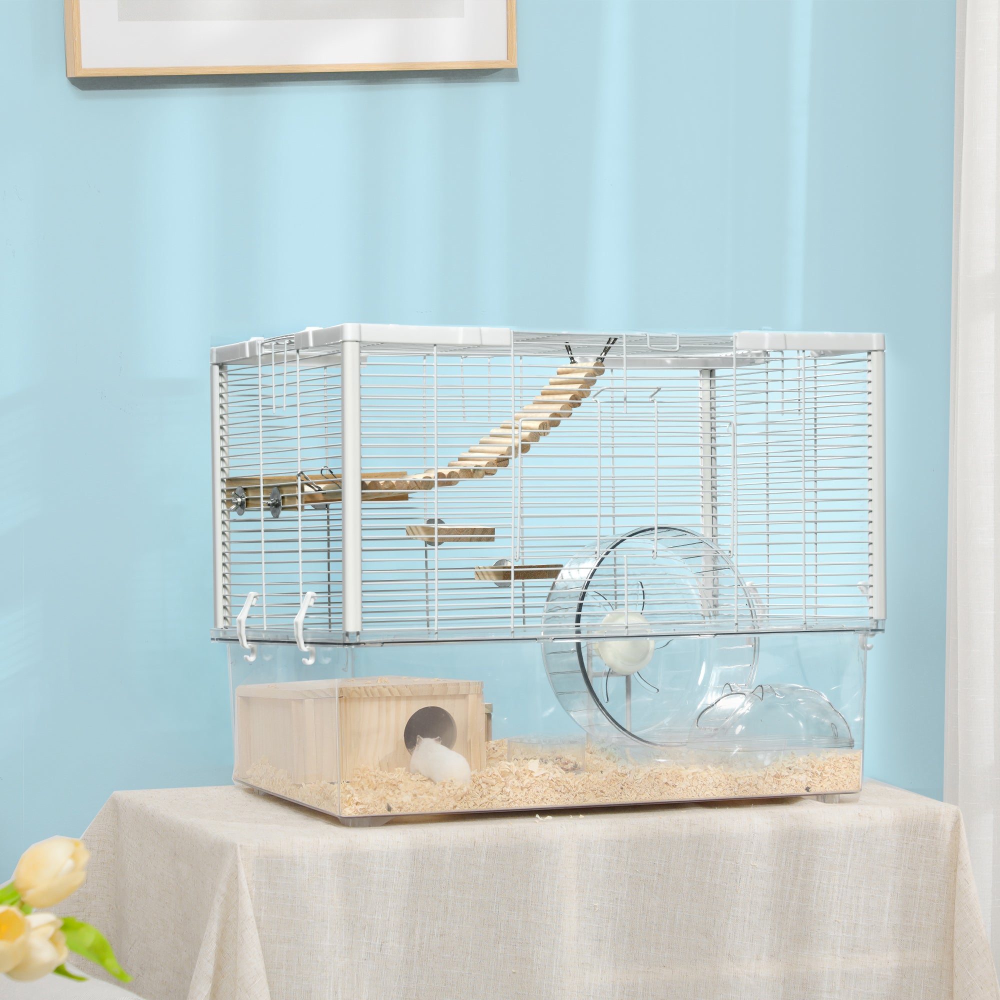 PawHut Hamster Cage, Transparent Small Animal House with Deep Bottom, Wooden Ramp, Hut, Bathroom and Exercise Wheel for Hamster and Gerbil, 23.2" L x 14" W x 18.5" H, White