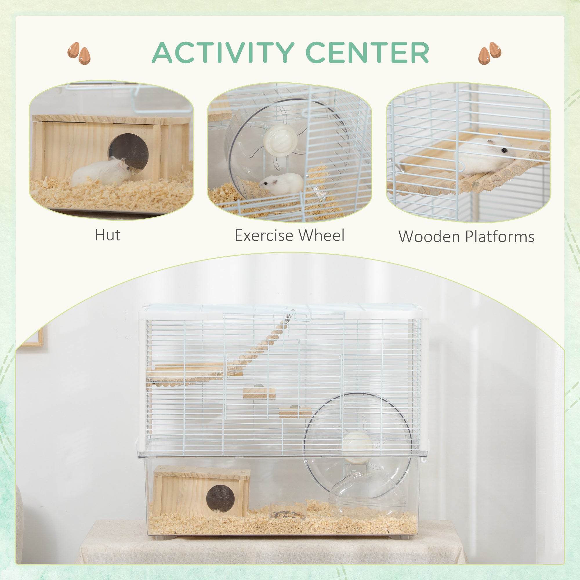 PawHut Hamster Cage, Transparent Small Animal House with Deep Bottom, Wooden Ramp, Hut, Bathroom and Exercise Wheel for Hamster and Gerbil, 23.2