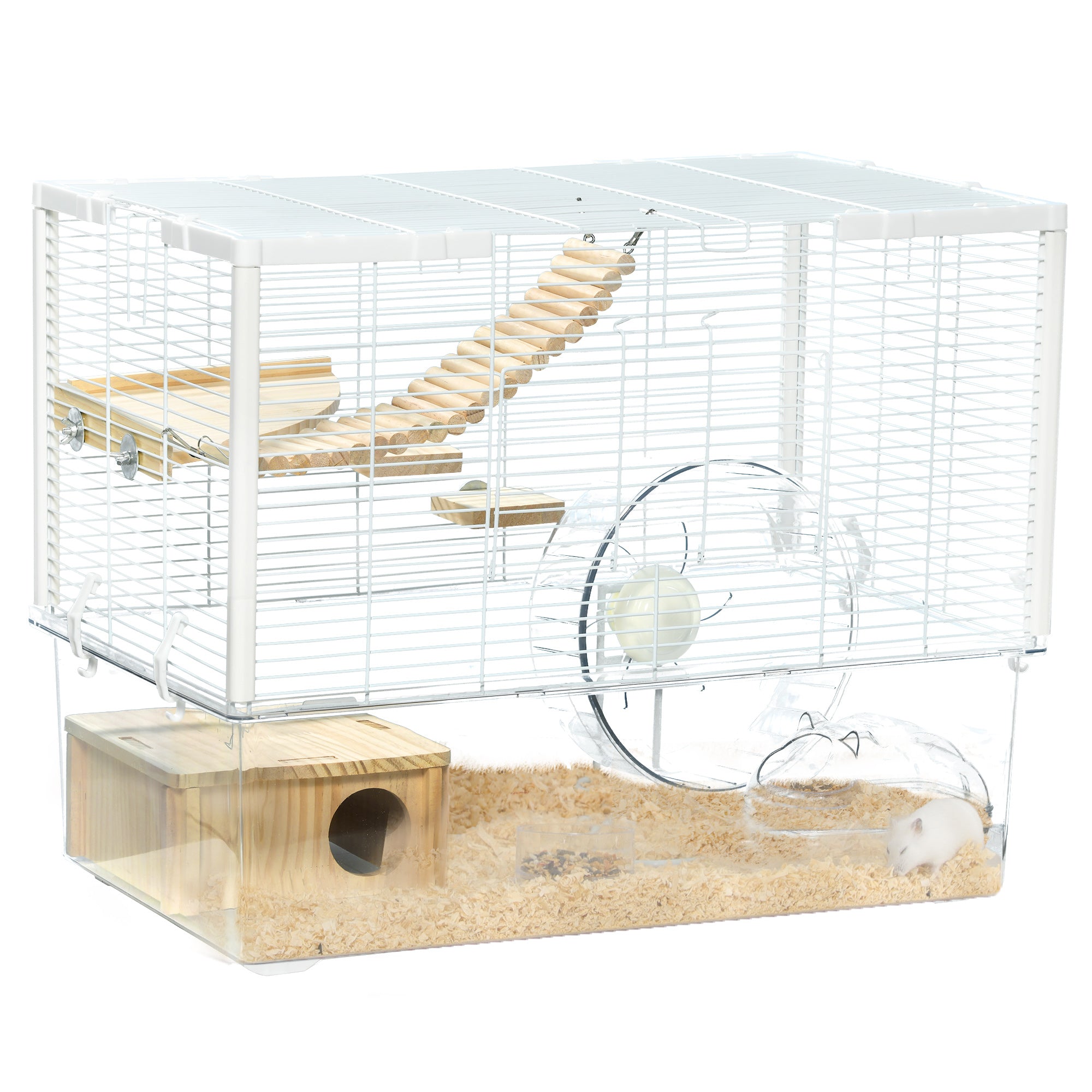 PawHut Hamster Cage, Transparent Small Animal House with Deep Bottom, Wooden Ramp, Hut, Bathroom and Exercise Wheel for Hamster and Gerbil, 23.2" L x 14" W x 18.5" H, White
