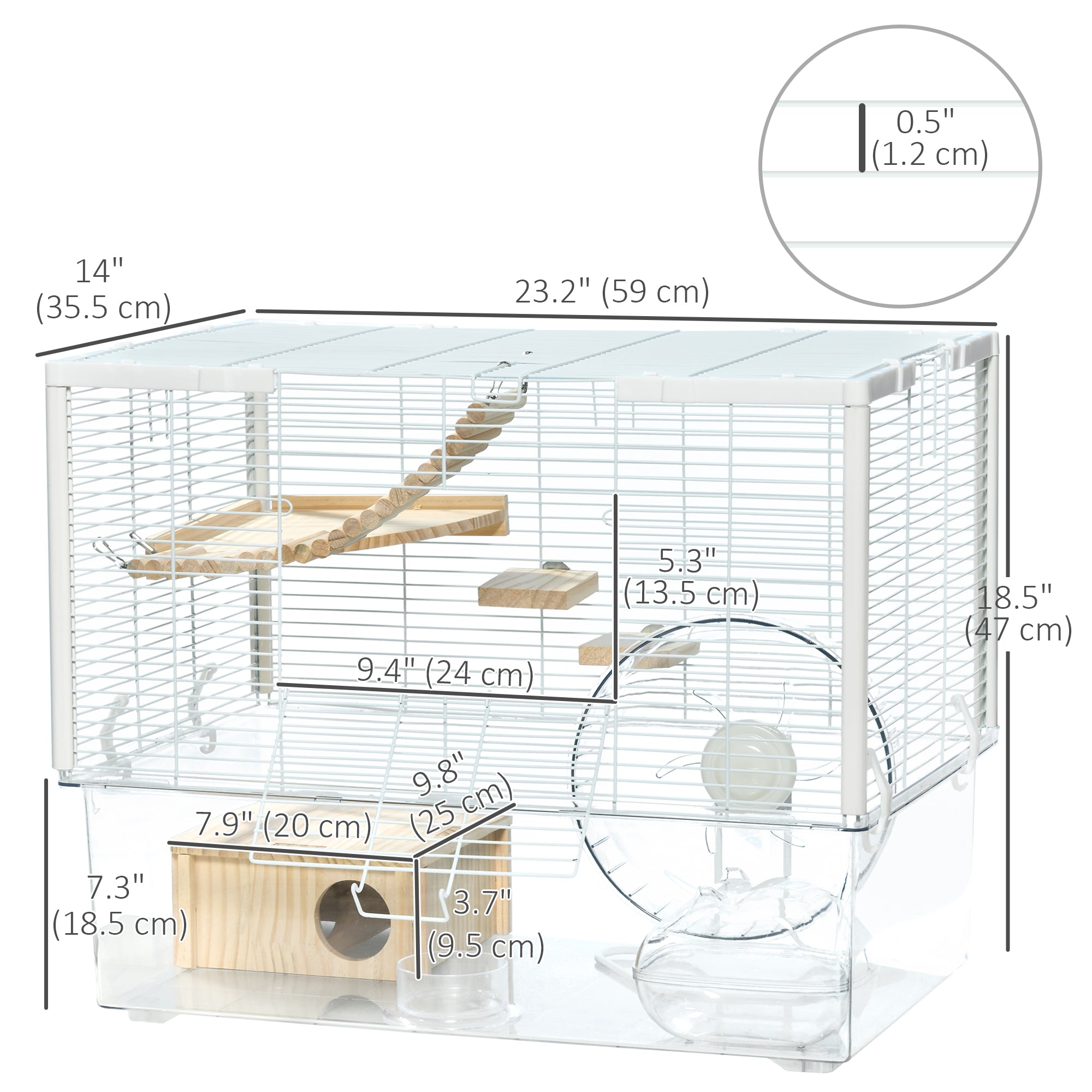 PawHut Hamster Cage, Transparent Small Animal House with Deep Bottom, Wooden Ramp, Hut, Bathroom and Exercise Wheel for Hamster and Gerbil, 23.2" L x 14" W x 18.5" H, White