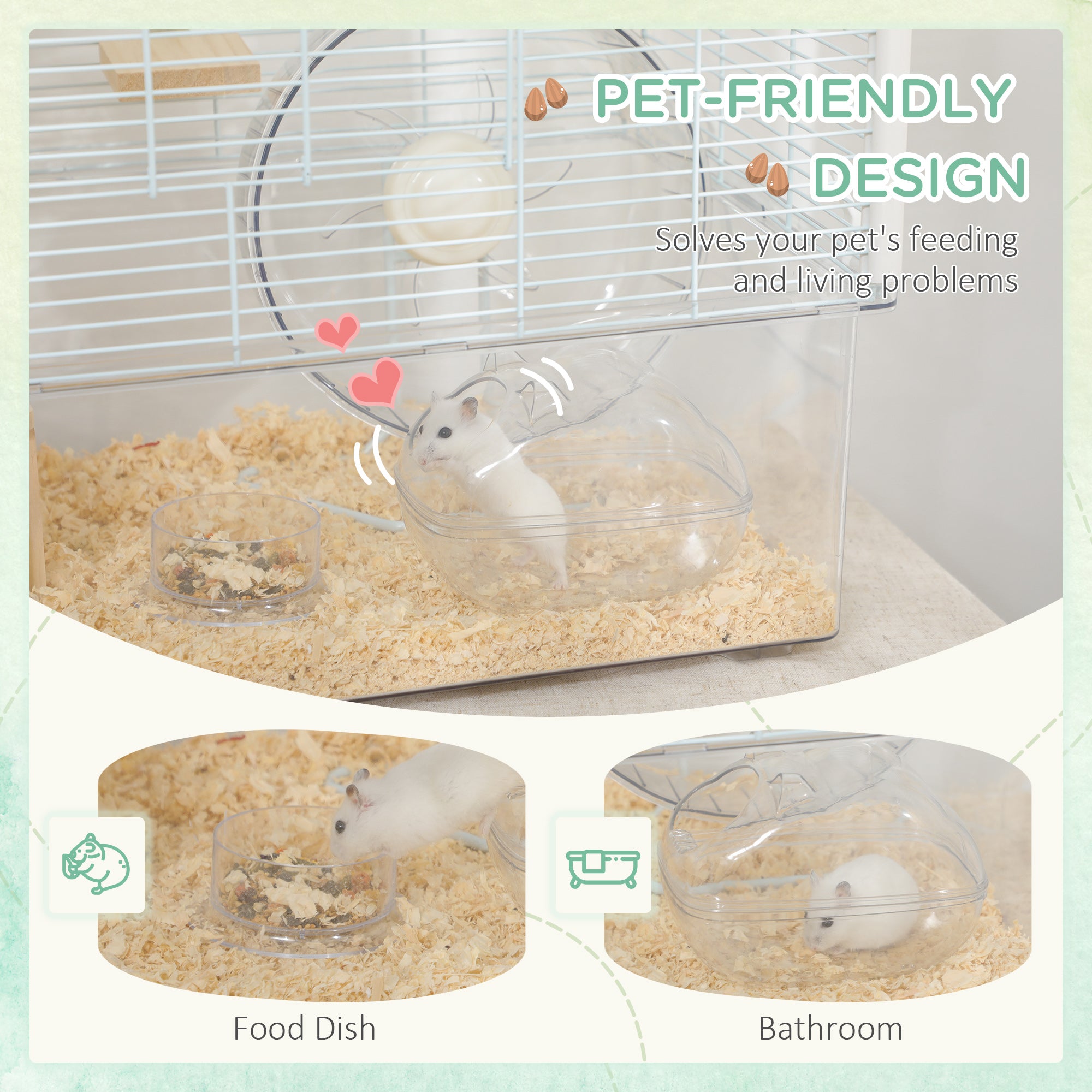PawHut Hamster Cage, Transparent Small Animal House with Deep Bottom, Wooden Ramp, Hut, Bathroom and Exercise Wheel for Hamster and Gerbil, 23.2" L x 14" W x 18.5" H, White