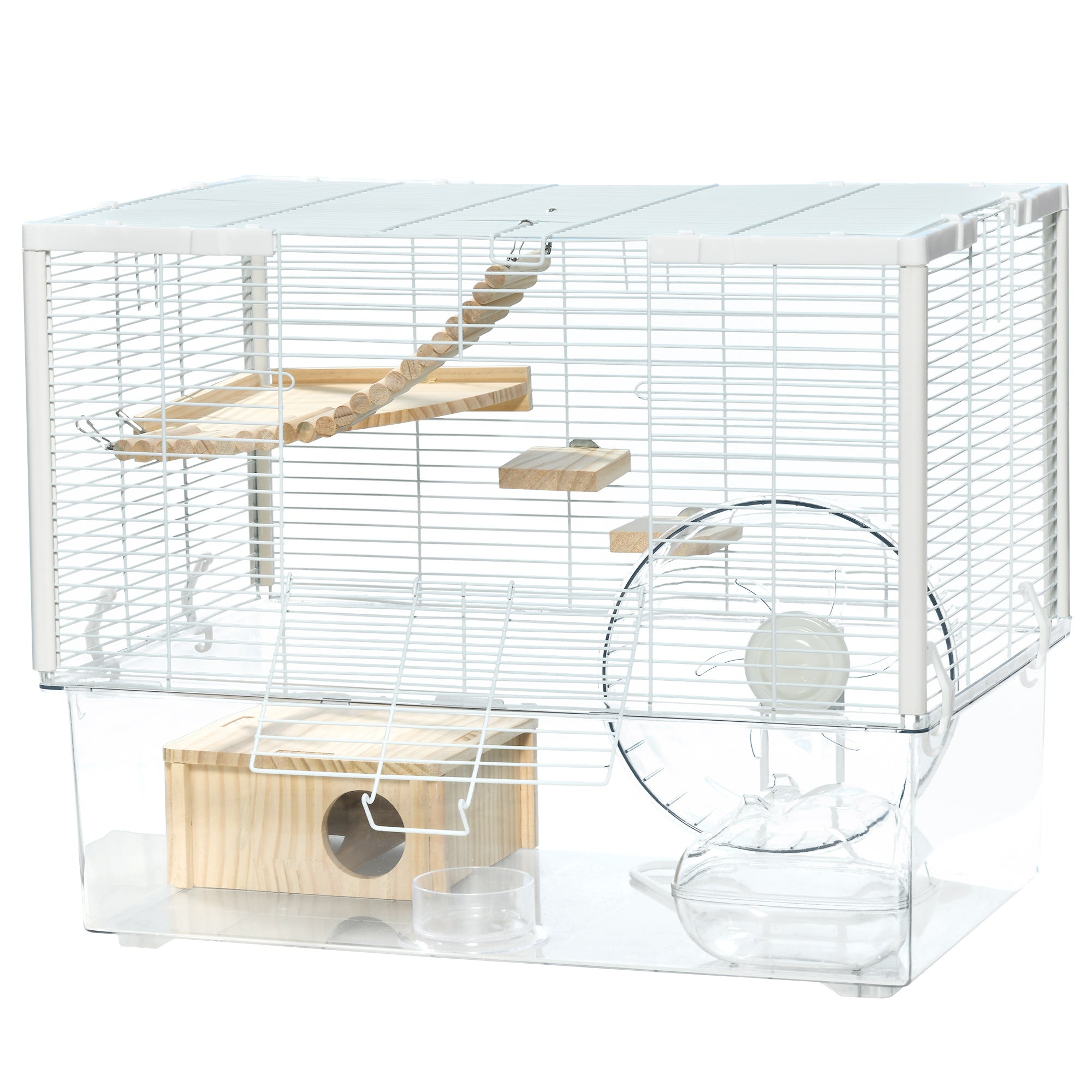 PawHut Hamster Cage, Transparent Small Animal House with Deep Bottom, Wooden Ramp, Hut, Bathroom and Exercise Wheel for Hamster and Gerbil, 23.2" L x 14" W x 18.5" H, White