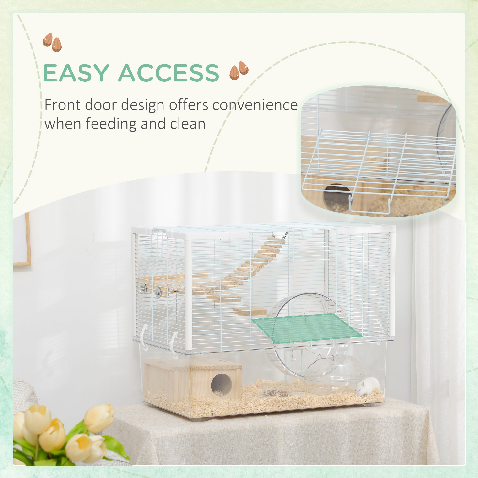 PawHut Hamster Cage, Transparent Small Animal House with Deep Bottom, Wooden Ramp, Hut, Bathroom and Exercise Wheel for Hamster and Gerbil, 23.2" L x 14" W x 18.5" H, White