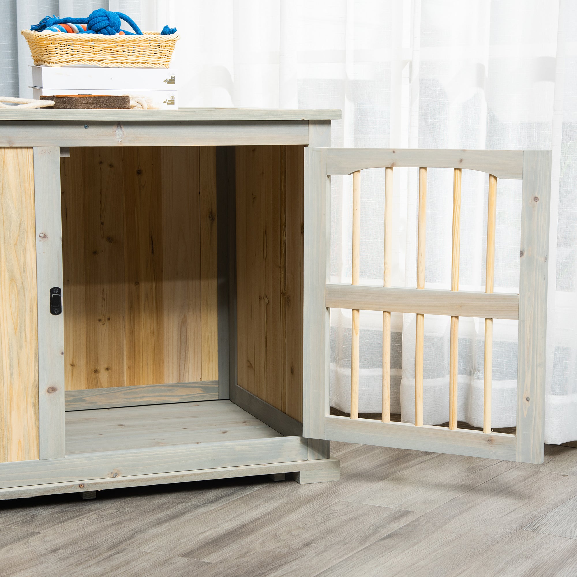 PawHut Wooden Dog Crate, Furniture Style Dog Kennel End Table w/ Lockable Door, Window, for Small, Medium Dogs, Grey and Natural