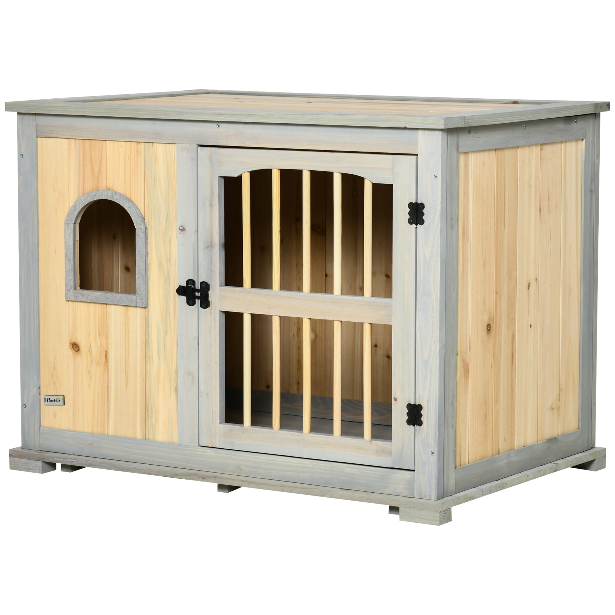 PawHut Wooden Dog Crate, Furniture Style Dog Kennel End Table w/ Lockable Door, Window, for Small, Medium Dogs, Grey and Natural