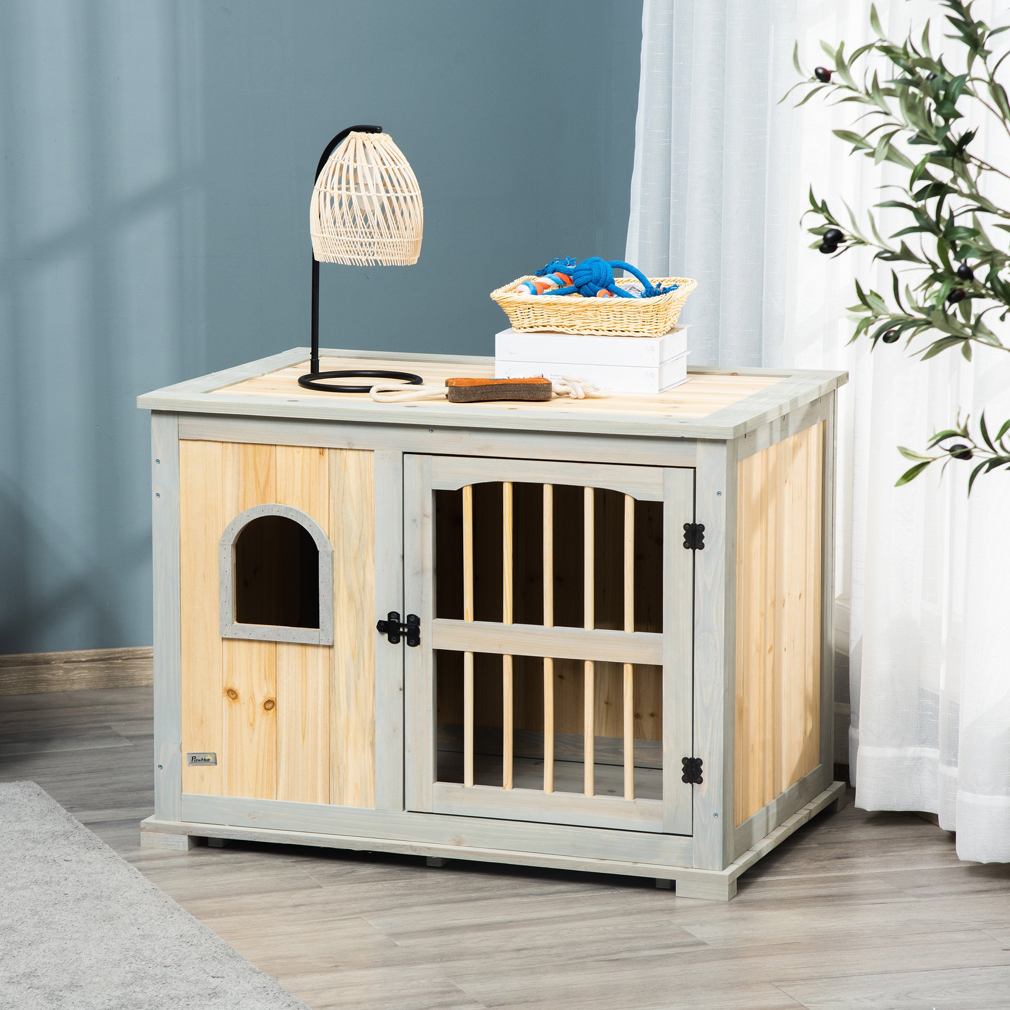 PawHut Wooden Dog Crate, Furniture Style Dog Kennel End Table w/ Lockable Door, Window, for Small, Medium Dogs, Grey and Natural