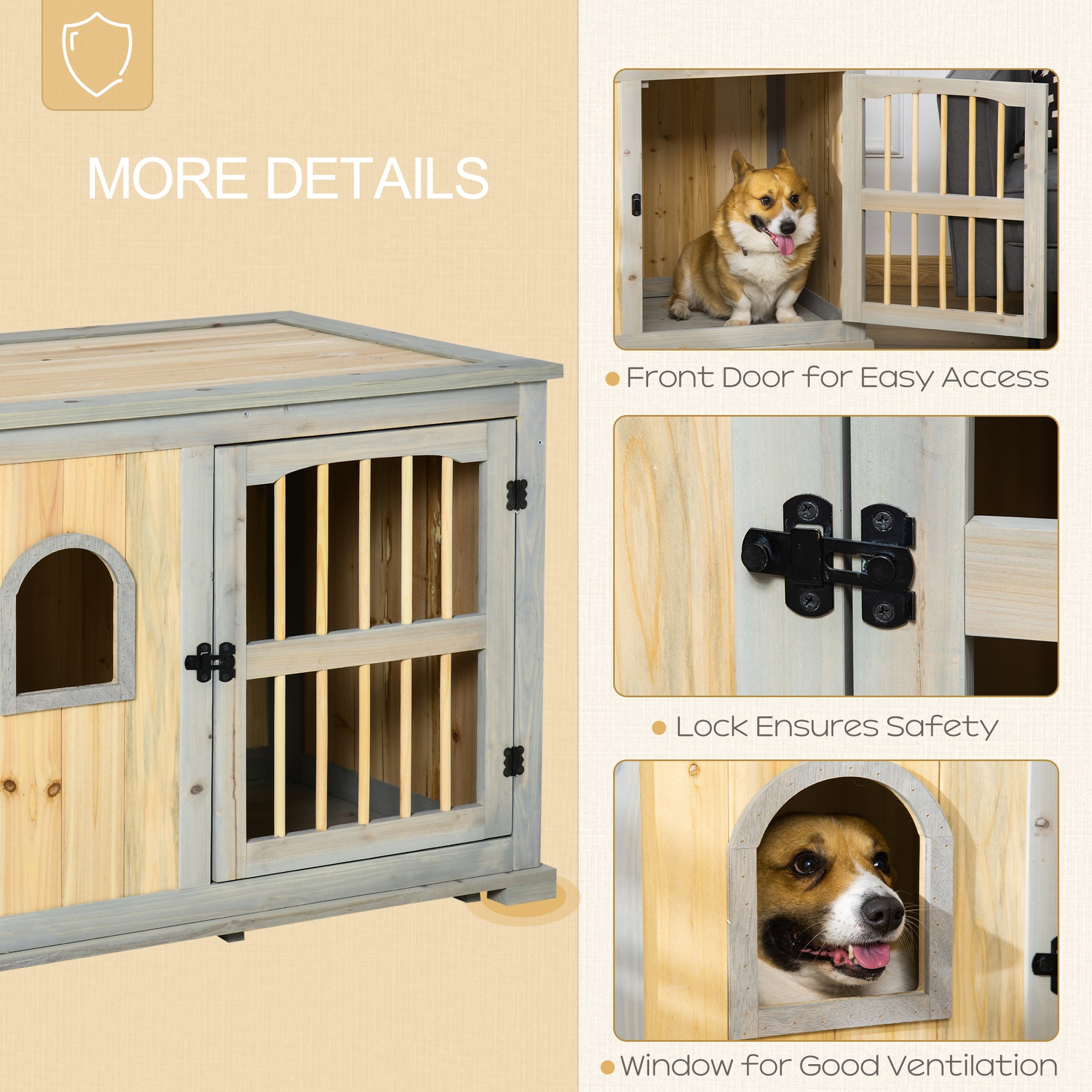 PawHut Wooden Dog Crate, Furniture Style Dog Kennel End Table w/ Lockable Door, Window, for Small, Medium Dogs, Grey and Natural