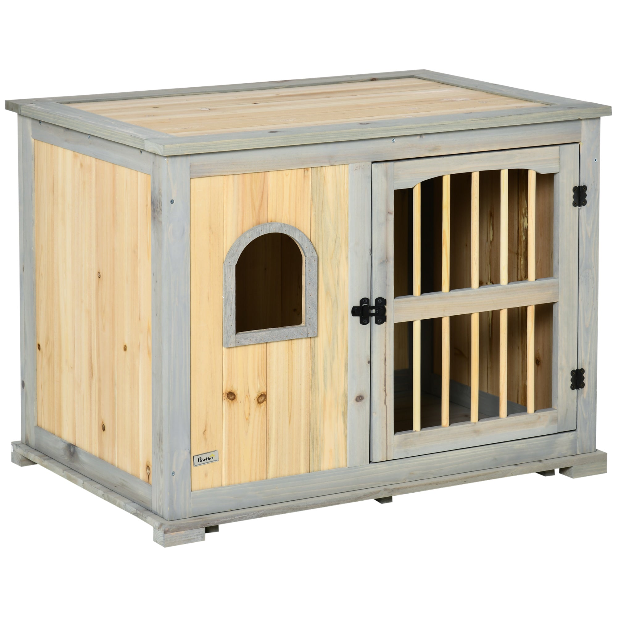 PawHut Wooden Dog Crate, Furniture Style Dog Kennel End Table w/ Lockable Door, Window, for Small, Medium Dogs, Grey and Natural
