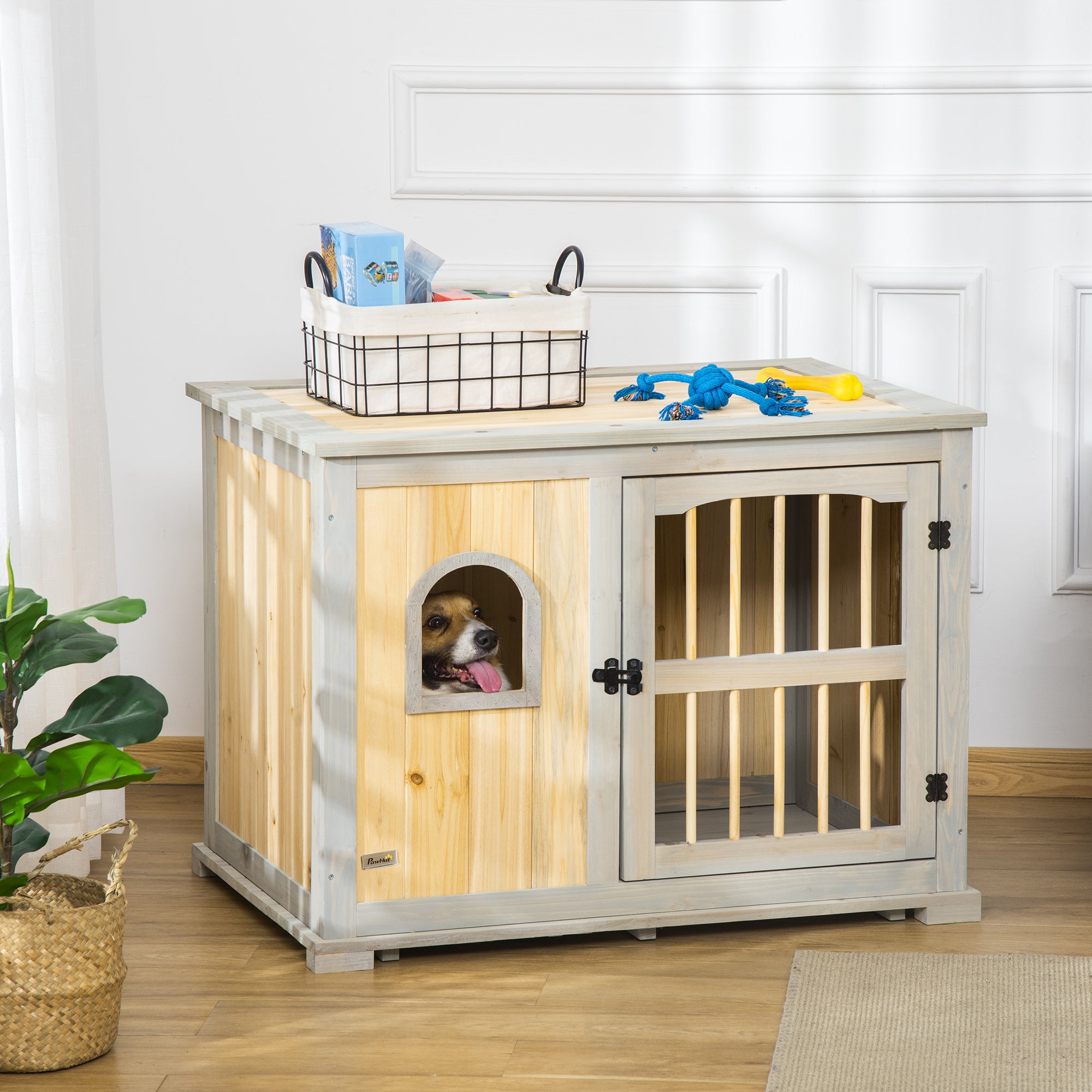 PawHut Wooden Dog Crate, Furniture Style Dog Kennel End Table w/ Lockable Door, Window, for Small, Medium Dogs, Grey and Natural