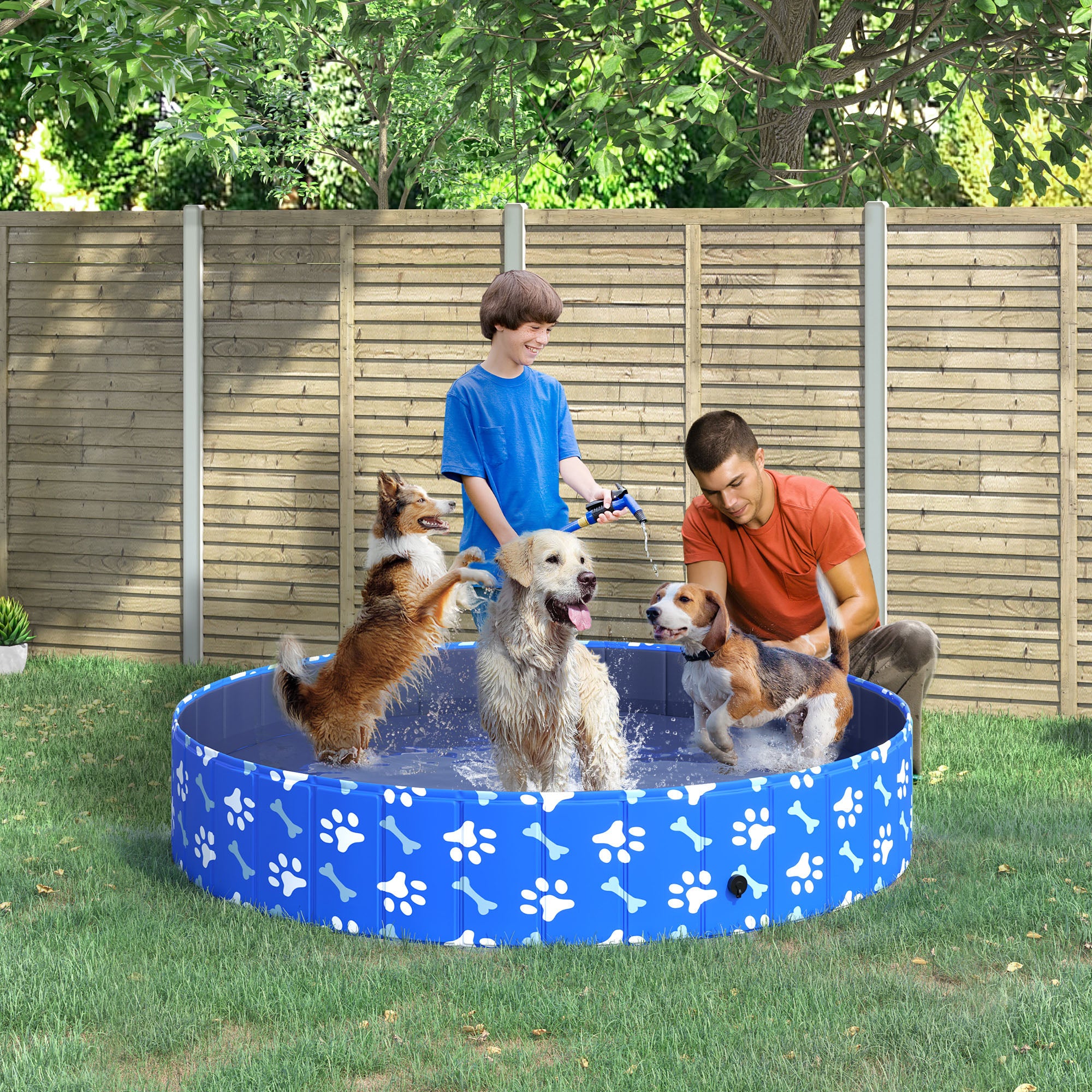 PawHut Folding Dog Pool Portable Pet Kiddie Swimming Pool, Outdoor/Indoor Puppy Bath Tub with Nonslip Bottom for Dogs & Cats,  (Φ63", Blue)