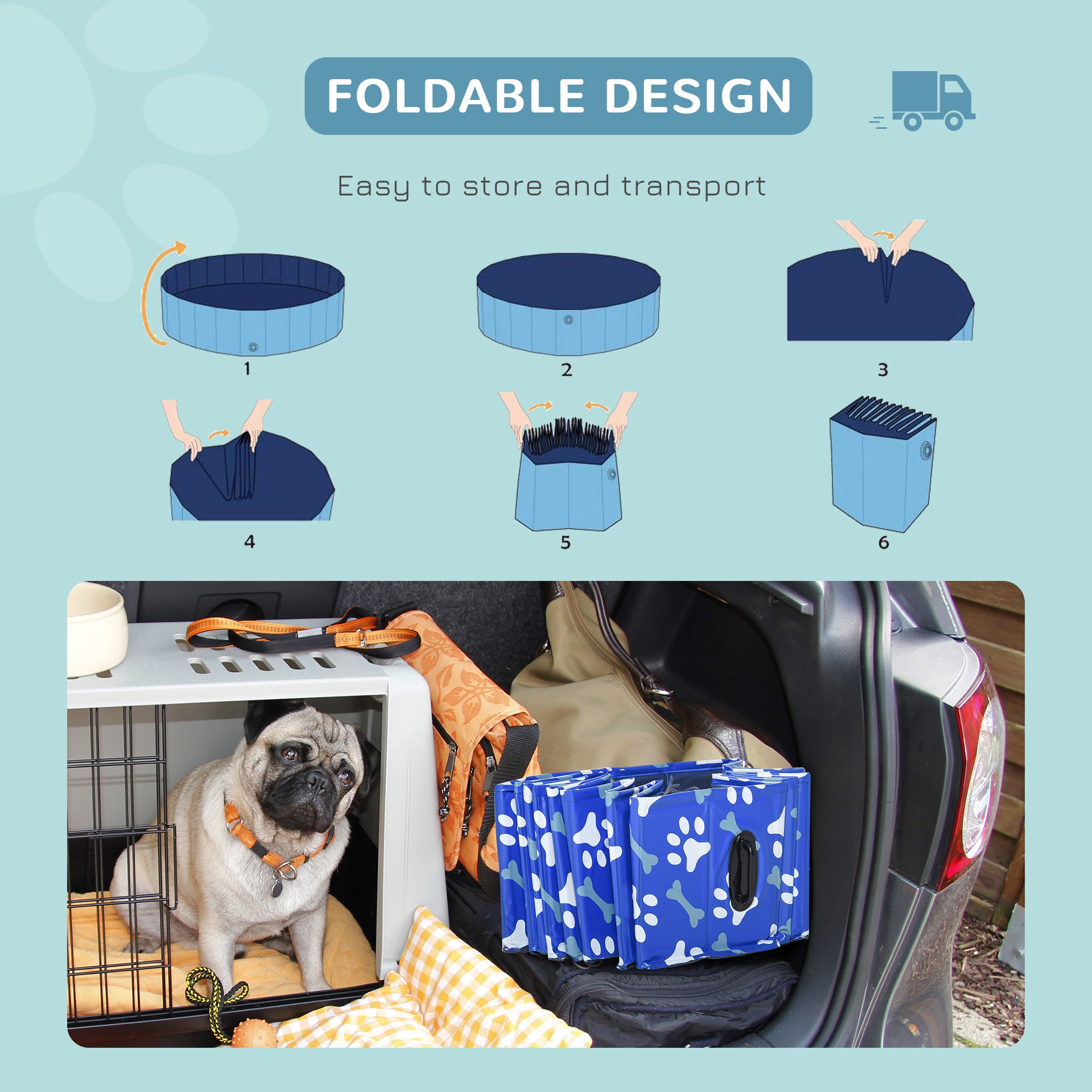 PawHut Folding Dog Pool Portable Pet Kiddie Swimming Pool, Outdoor/Indoor Puppy Bath Tub with Nonslip Bottom for Dogs & Cats,  (Φ63", Blue)