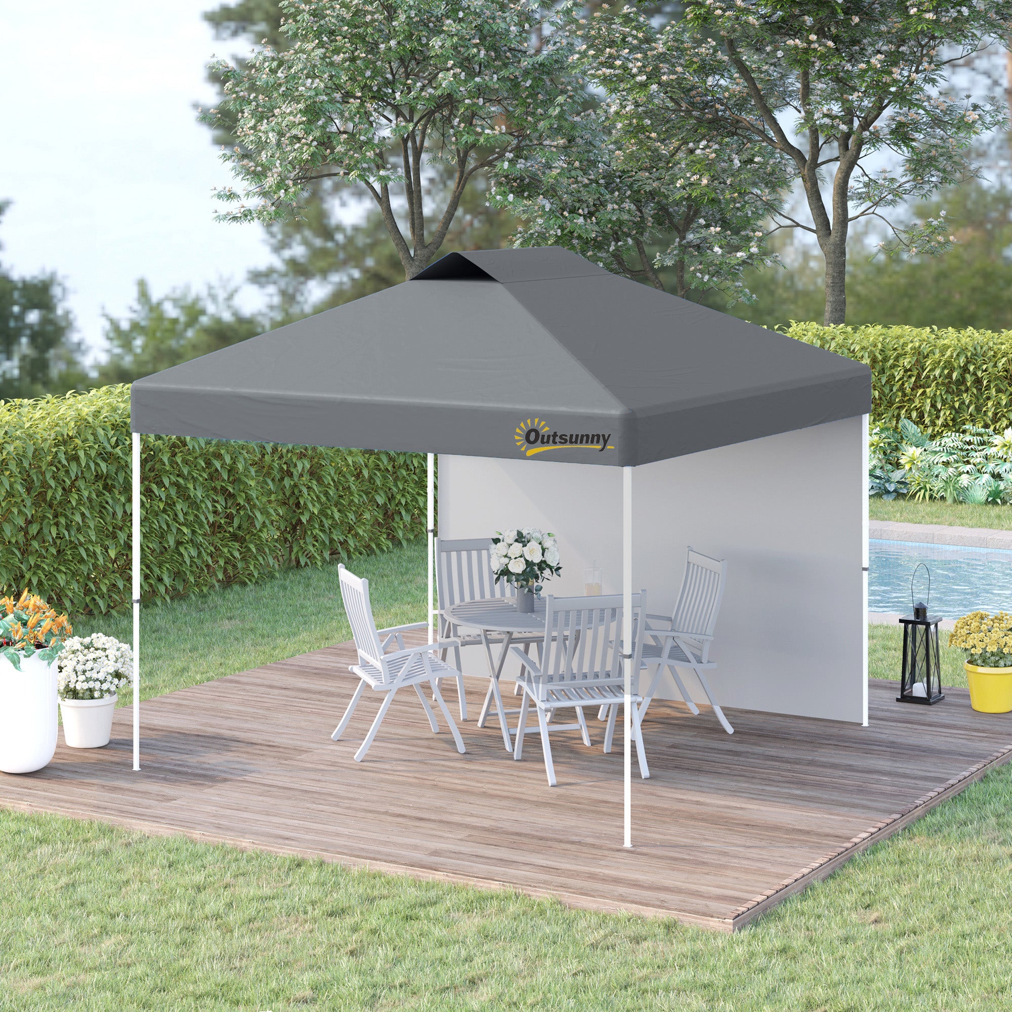 Outsunny 10' x 10' Pop Up Canopy Tent, Instant Sun Shelter with 3-level Adjustable Height, 1 Sidewall, and Wheeled Carry Bag for Outdoor, Garden, Patio, Grey