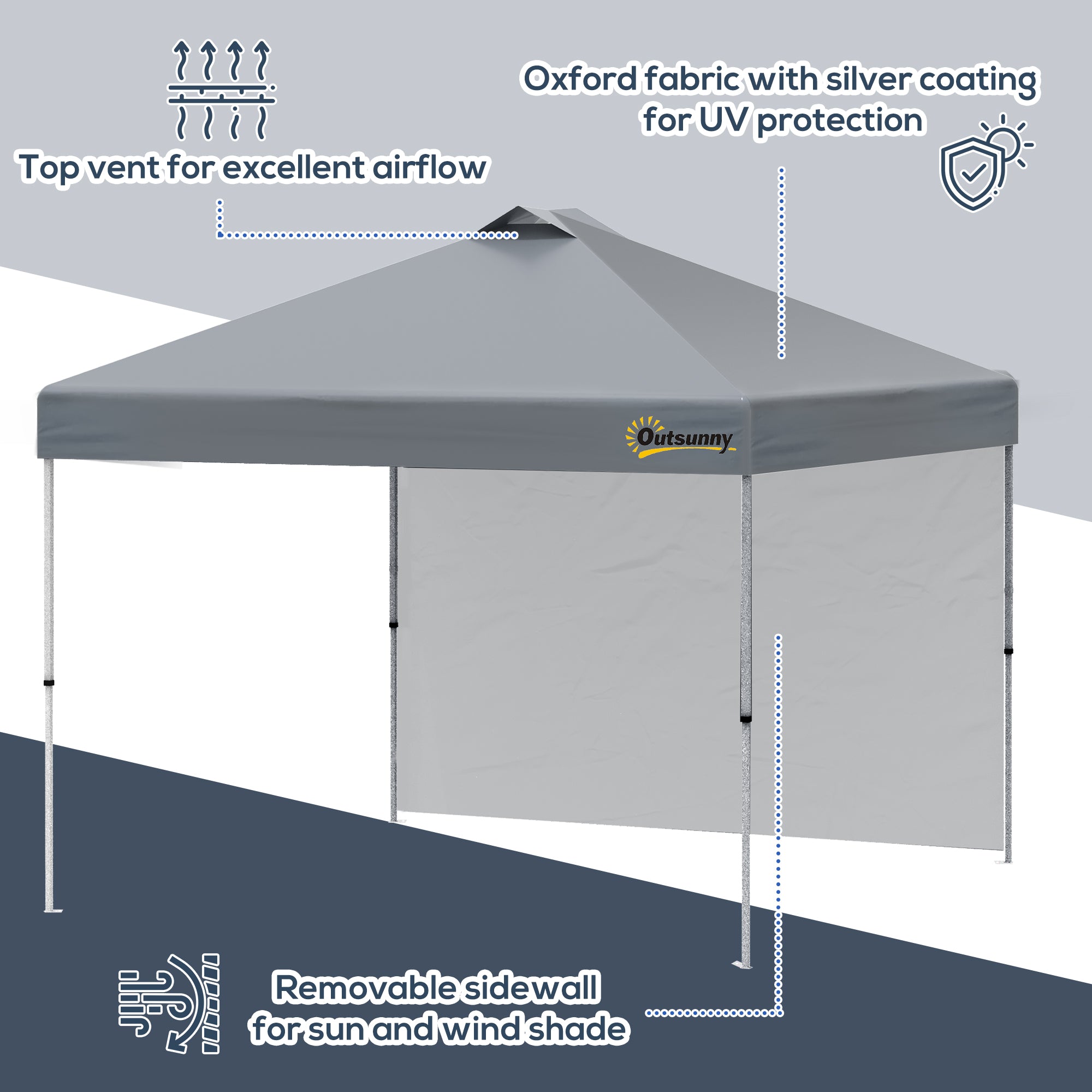 Outsunny 10' x 10' Pop Up Canopy Tent, Instant Sun Shelter with 3-level Adjustable Height, 1 Sidewall, and Wheeled Carry Bag for Outdoor, Garden, Patio, Grey