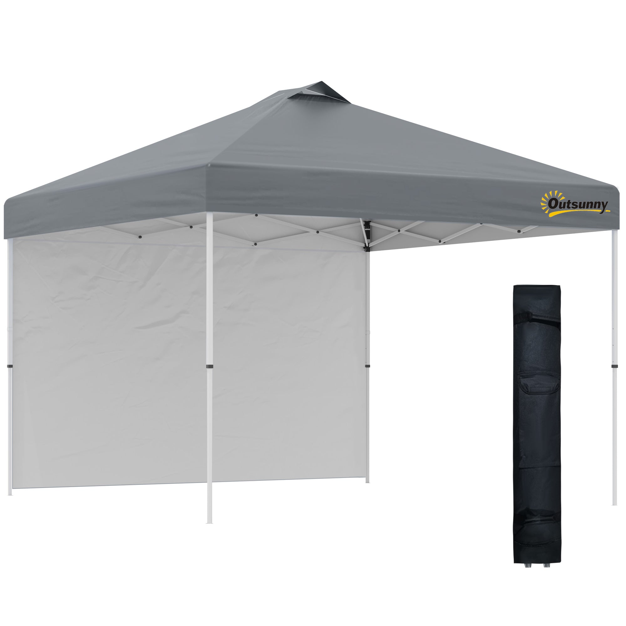Outsunny 10' x 10' Pop Up Canopy Tent, Instant Sun Shelter with 3-level Adjustable Height, 1 Sidewall, and Wheeled Carry Bag for Outdoor, Garden, Patio, Grey