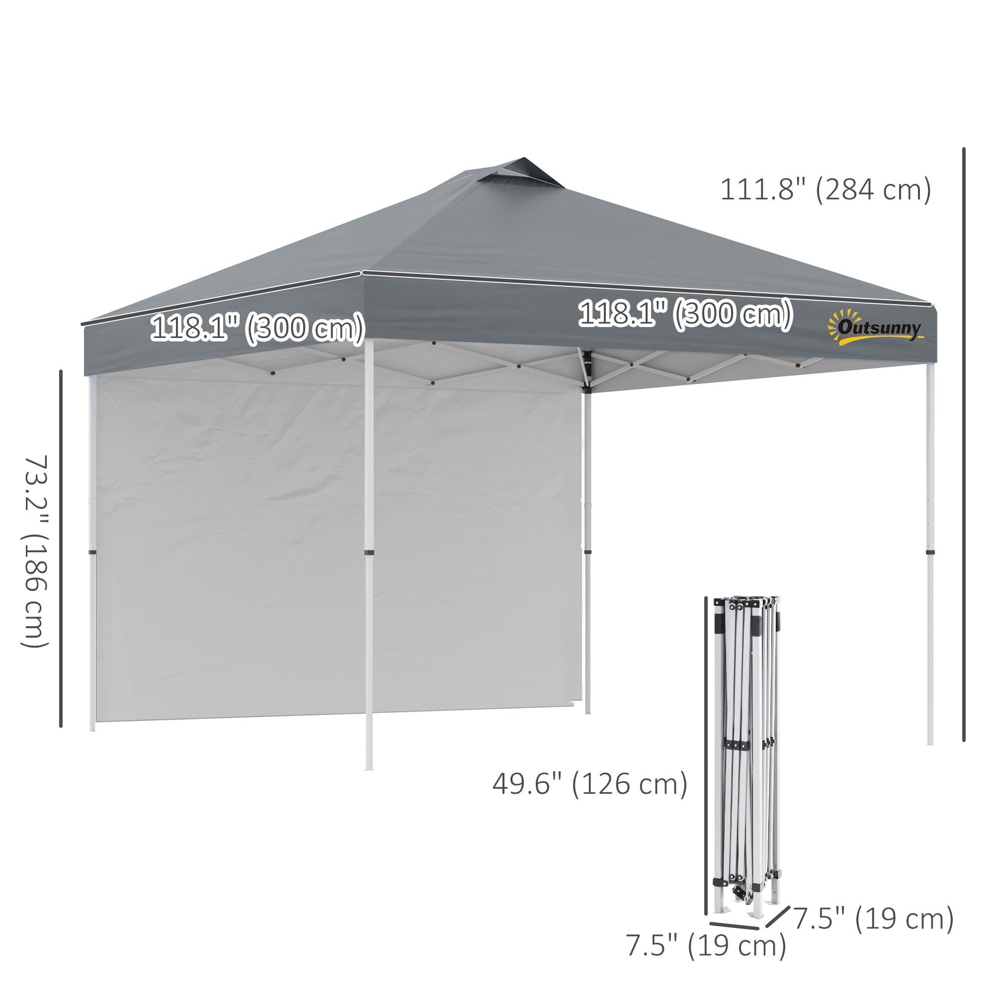 Outsunny 10' x 10' Pop Up Canopy Tent, Instant Sun Shelter with 3-level Adjustable Height, 1 Sidewall, and Wheeled Carry Bag for Outdoor, Garden, Patio, Grey
