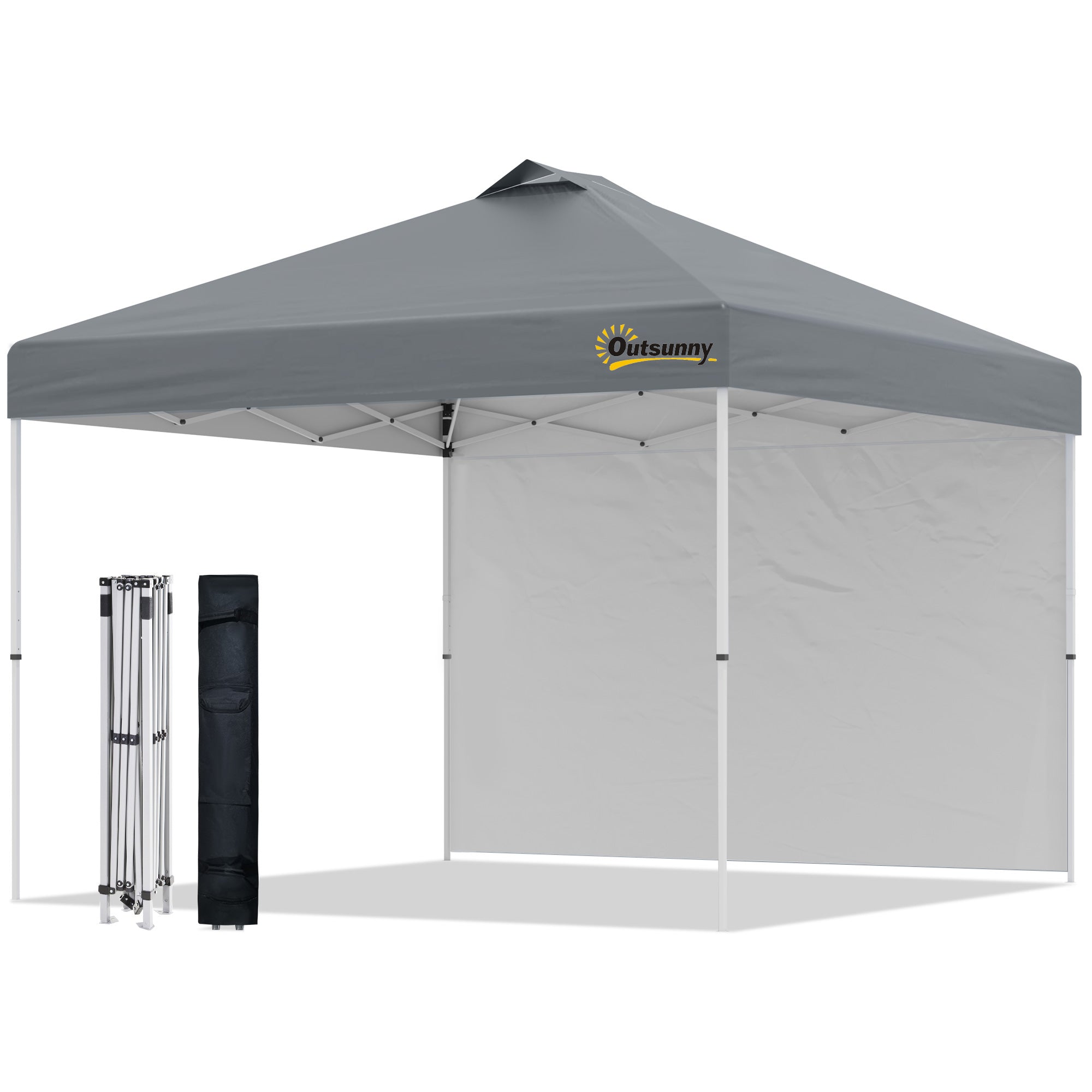 Outsunny 10' x 10' Pop Up Canopy Tent, Instant Sun Shelter with 3-level Adjustable Height, 1 Sidewall, and Wheeled Carry Bag for Outdoor, Garden, Patio, Grey