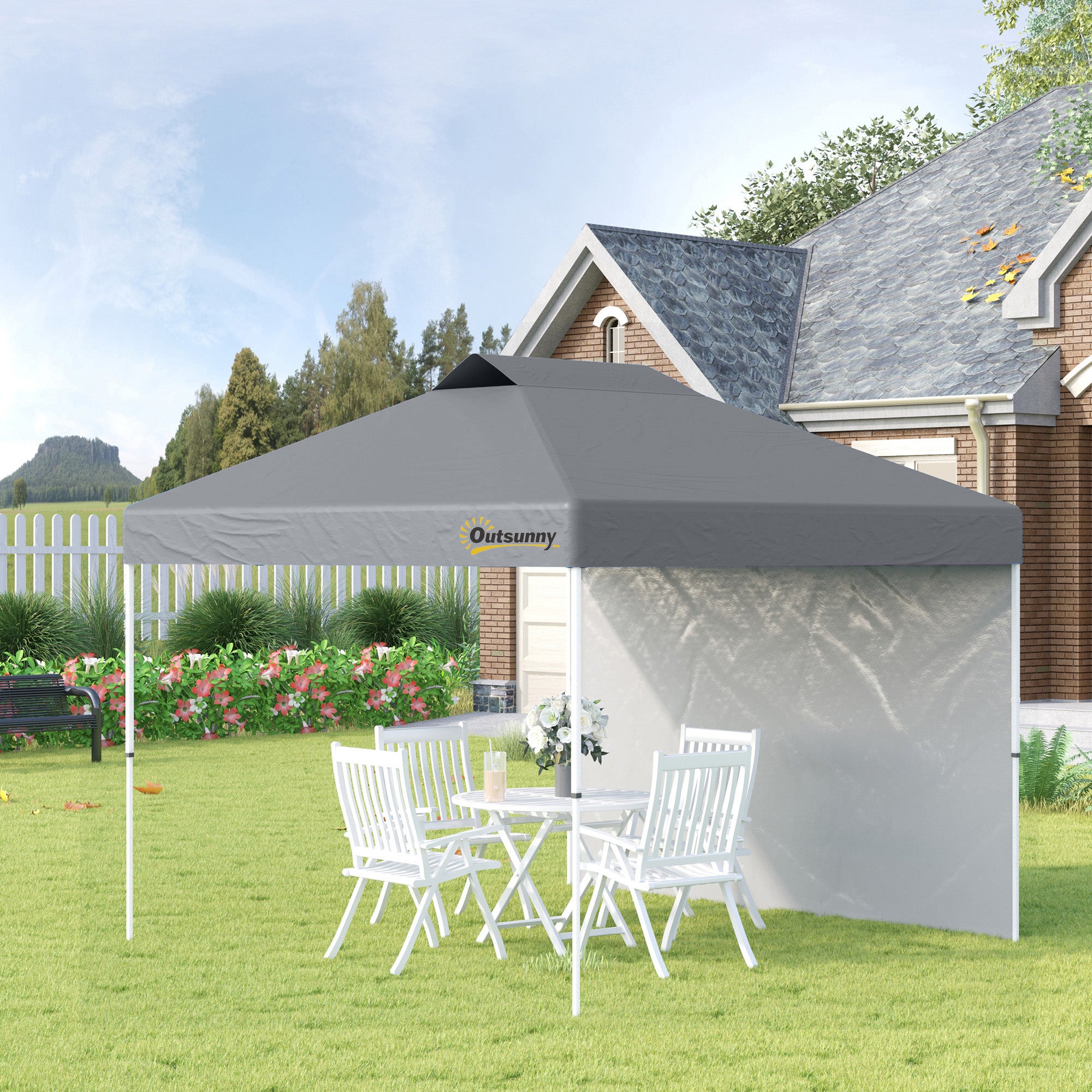 Outsunny 10' x 10' Pop Up Canopy Tent, Instant Sun Shelter with 3-level Adjustable Height, 1 Sidewall, and Wheeled Carry Bag for Outdoor, Garden, Patio, Grey