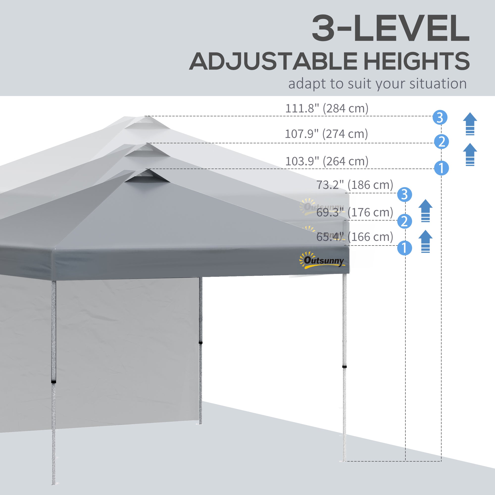 Outsunny 10' x 10' Pop Up Canopy Tent, Instant Sun Shelter with 3-level Adjustable Height, 1 Sidewall, and Wheeled Carry Bag for Outdoor, Garden, Patio, Grey