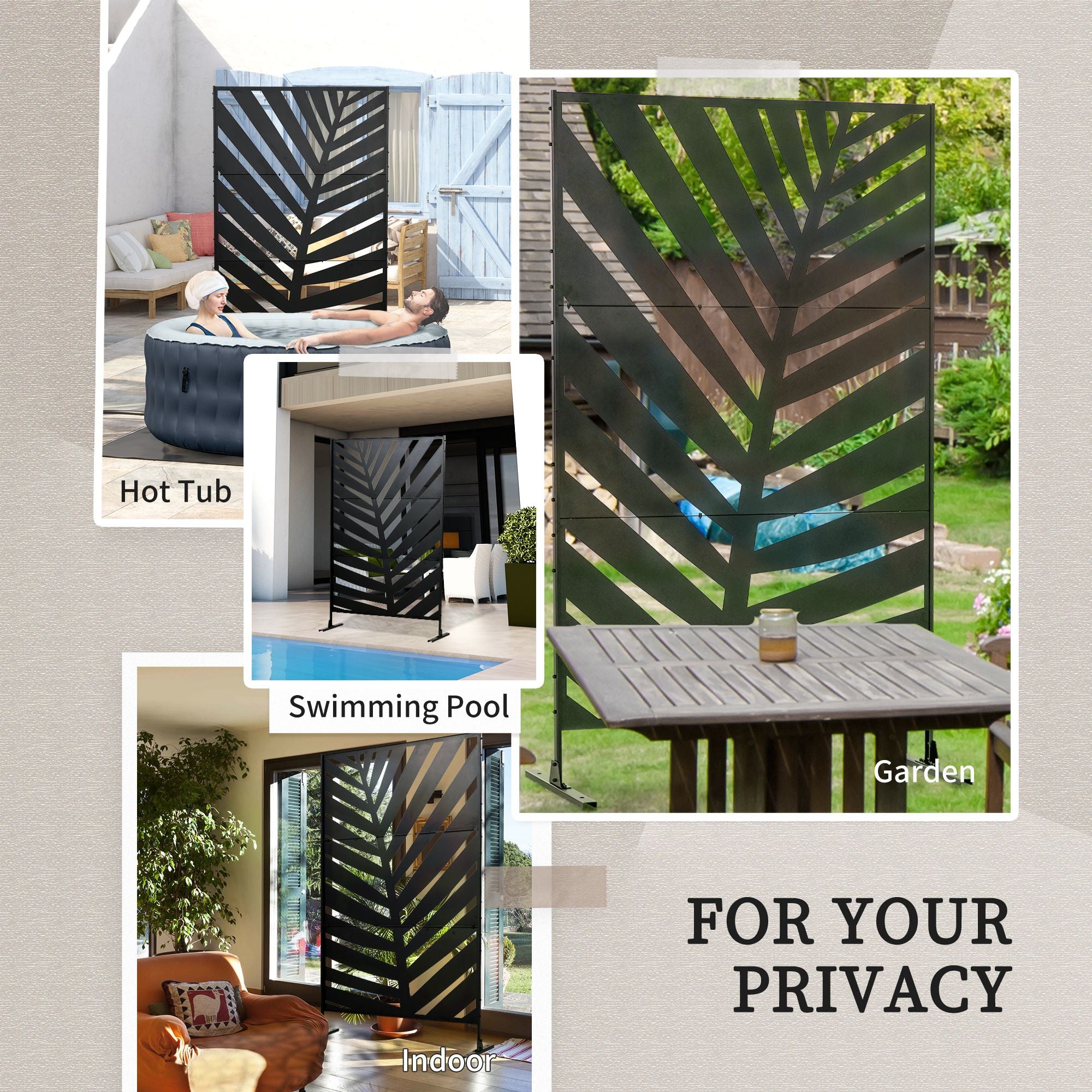 Outsunny Metal Outdoor Privacy Screen, Decorative Outdoor Divider with Stand and Expansion Screws, Freestanding Privacy Panel for Garden Backyard Deck Pool, Banana Leaf Style