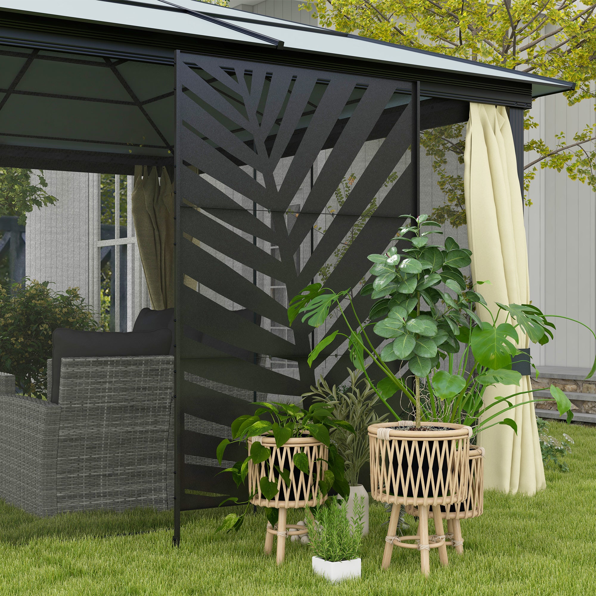 Outsunny Metal Outdoor Privacy Screen, Decorative Outdoor Divider with Stand and Expansion Screws, Freestanding Privacy Panel for Garden Backyard Deck Pool, Banana Leaf Style