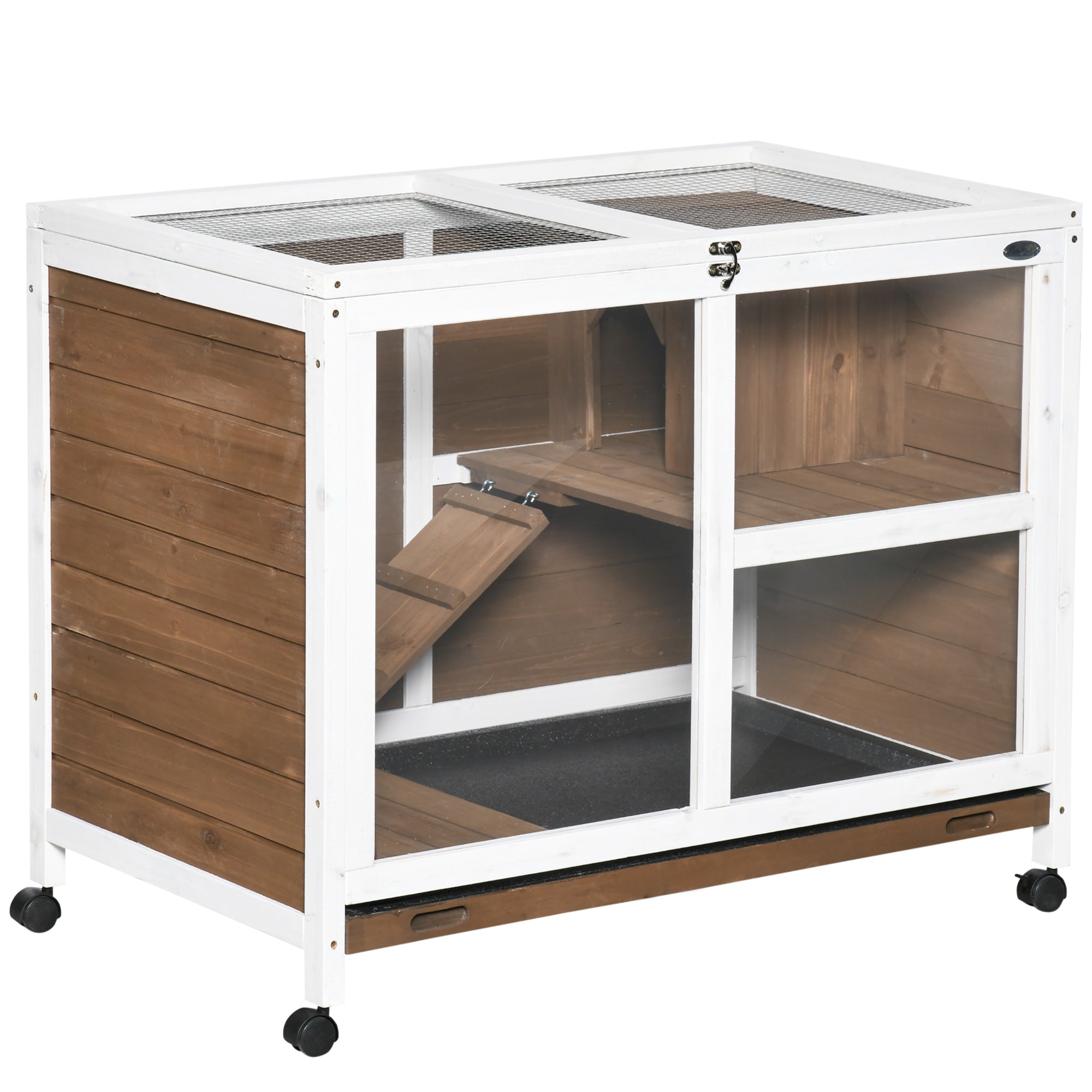 PawHut Indoor Rabbit Hutch with Wheels, Bunny Cage Guinea Pig House Small Animals Habitat W/ Top Access, Ramp, Pull Out Tray, Brown