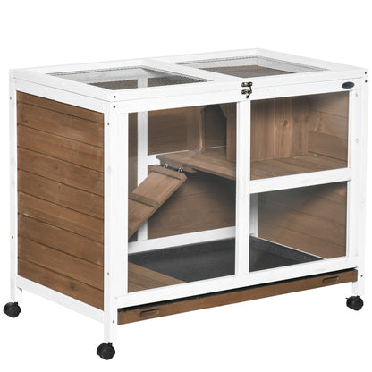 PawHut Rabbit Hutch Indoor Wooden Guinea Pig House Hamster Cage with Wheels, 2 Layers Bunny Cage with Openable Roof, 91.5 x 53.3 x 73 cm, Brown