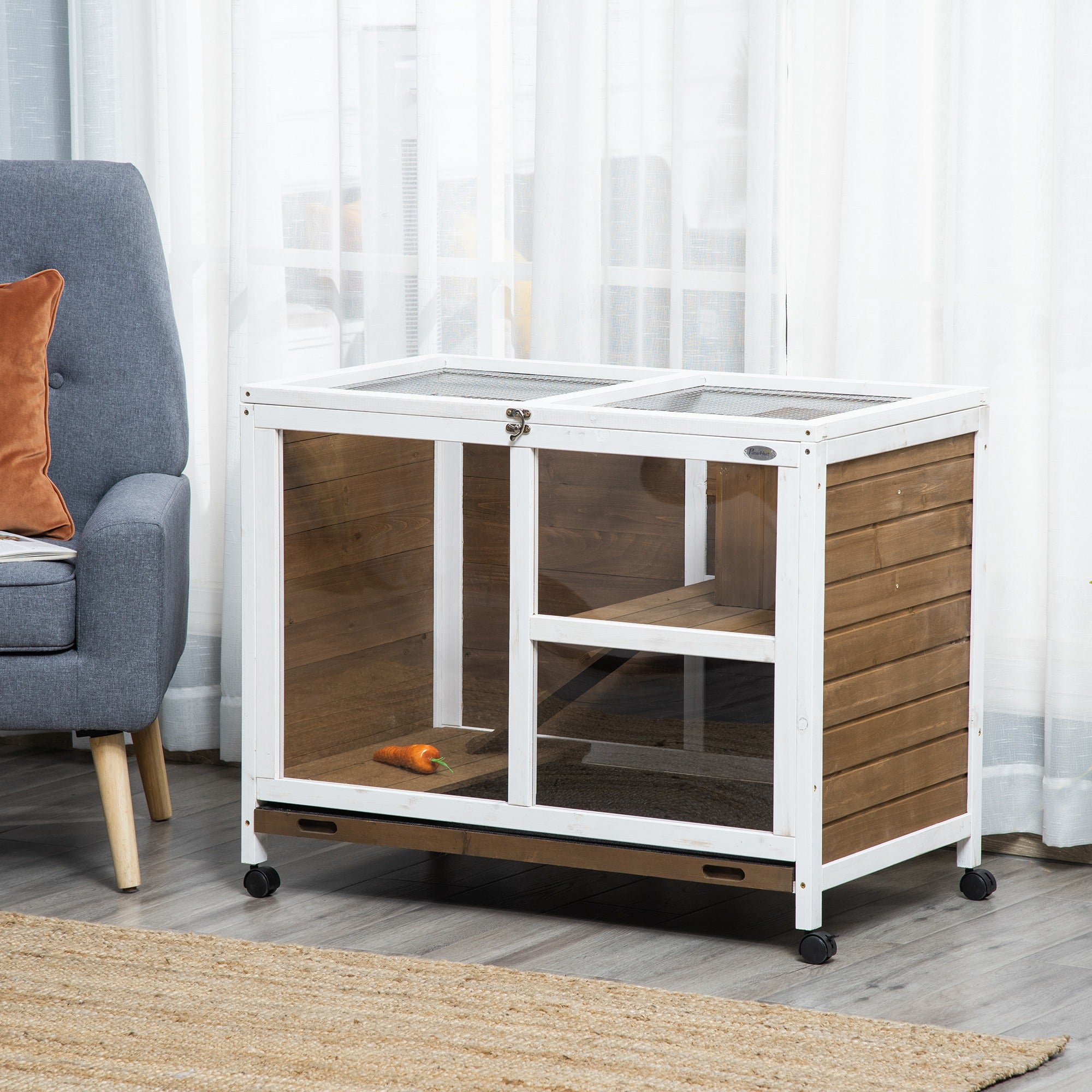 PawHut Indoor Rabbit Hutch with Wheels, Bunny Cage Guinea Pig House Small Animals Habitat W/ Top Access, Ramp, Pull Out Tray, Brown